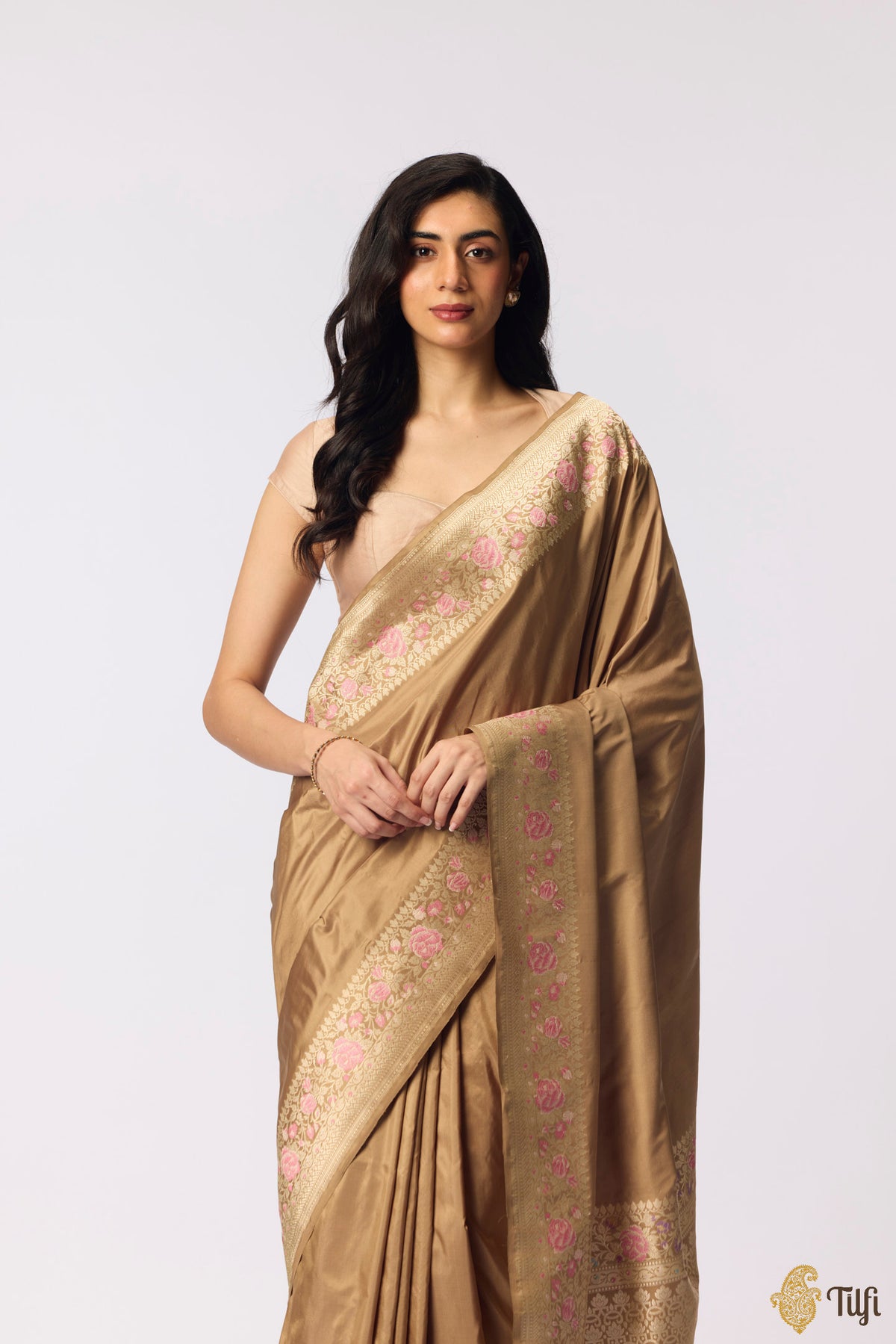 Beige Pure Katan Silk Banarasi Handloom Saree
