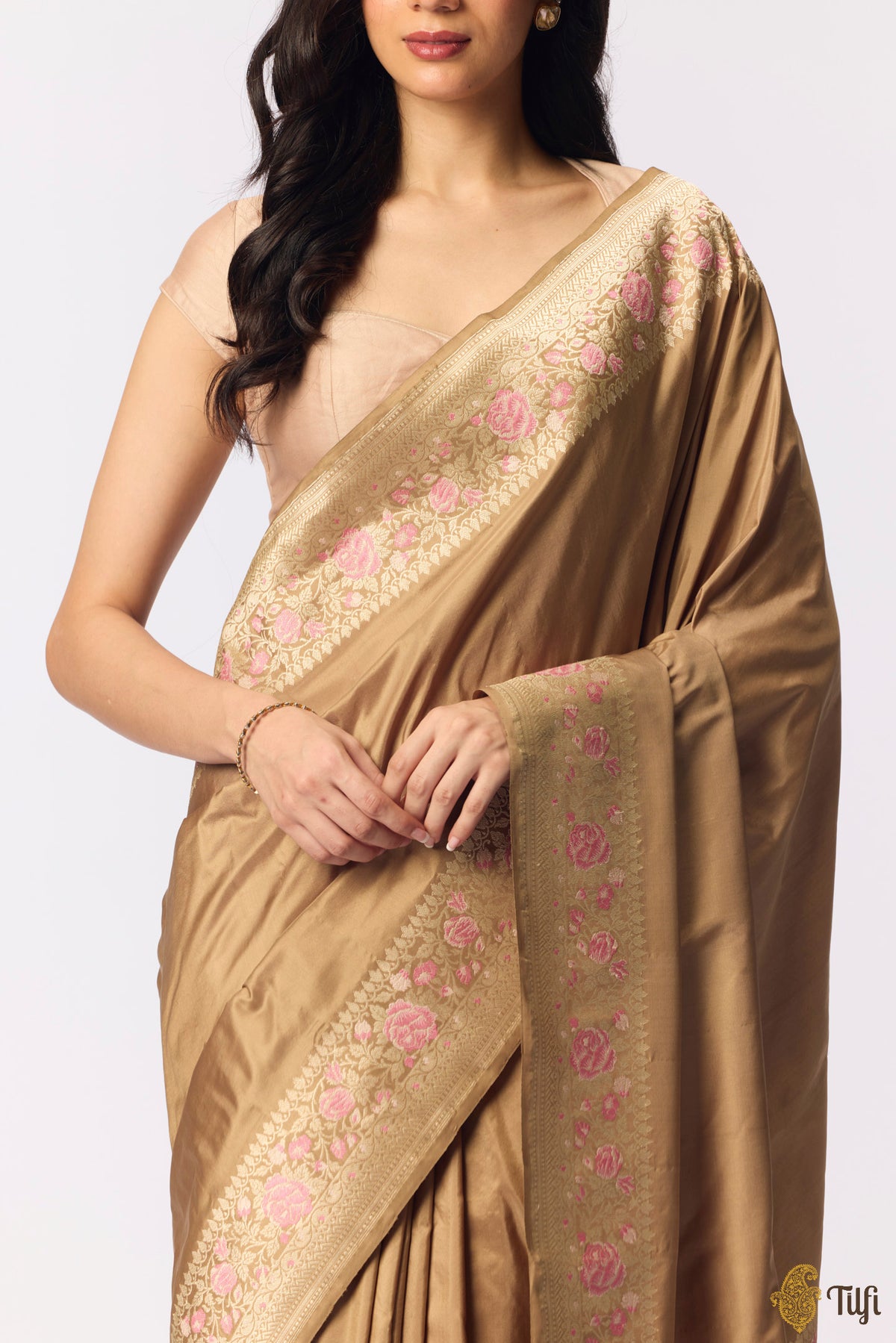 Beige Pure Katan Silk Banarasi Handloom Saree