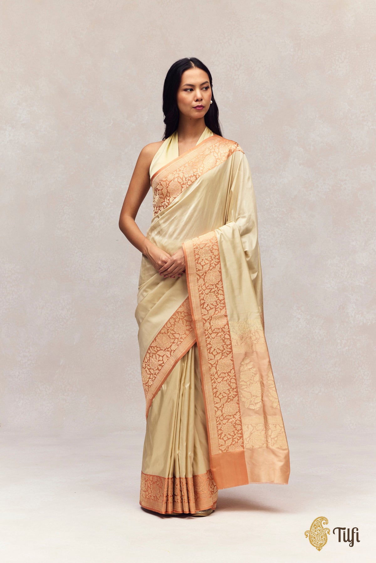 Cream Peach Pure Katan Silk Banarasi Handloom Saree