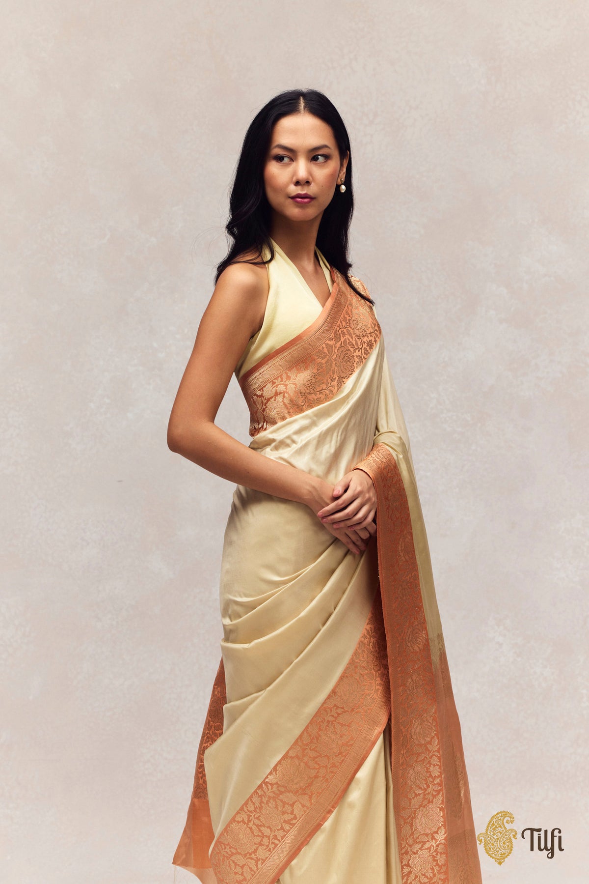 Cream Peach Pure Katan Silk Banarasi Handloom Saree