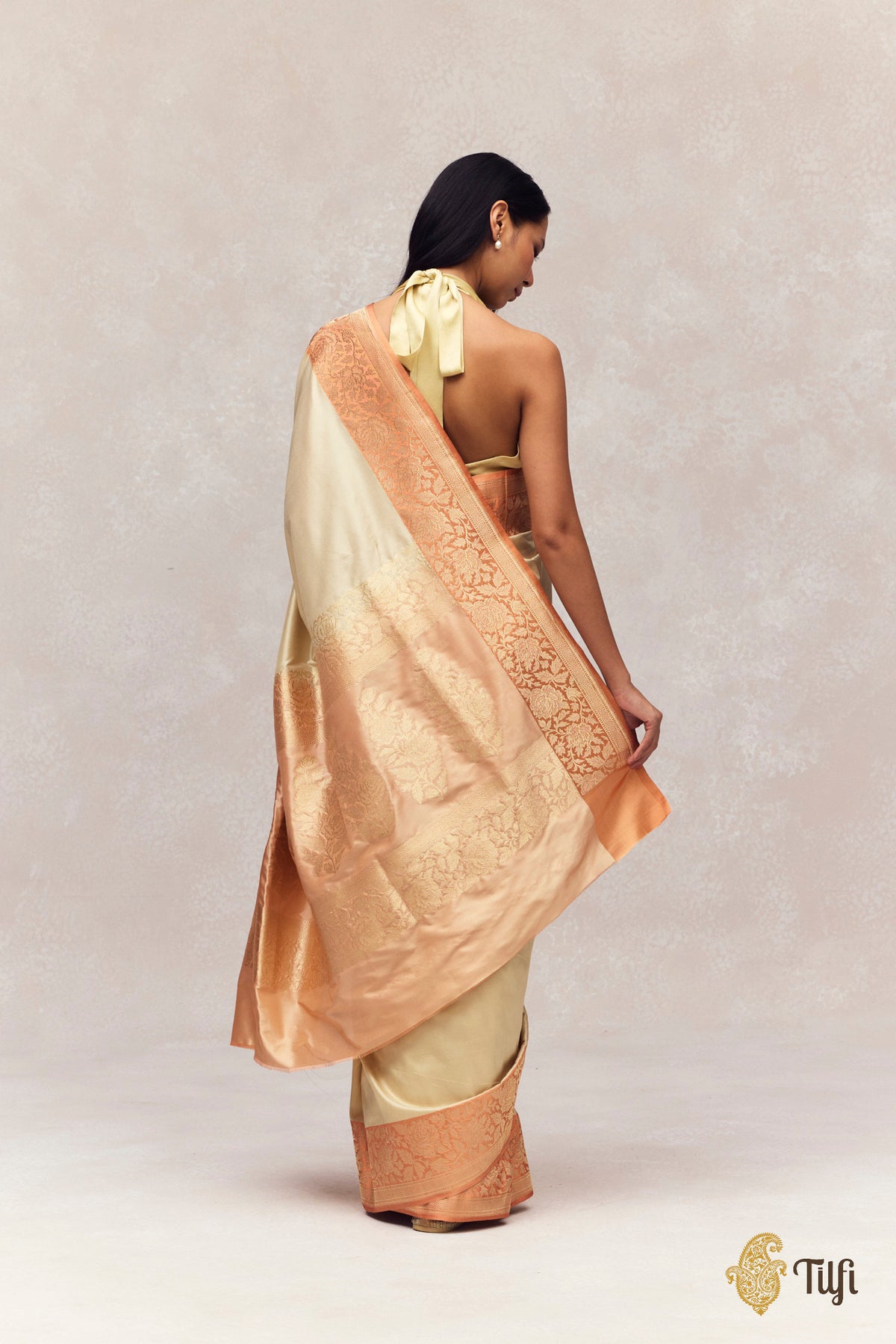 Cream Peach Pure Katan Silk Banarasi Handloom Saree