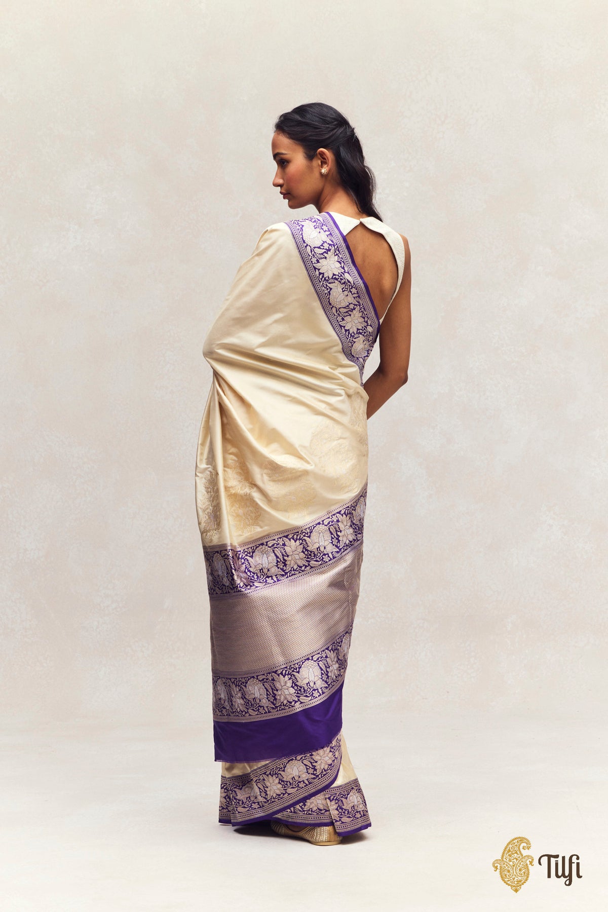 'Indu' Off White-Purple Pure Katan Silk Banarasi Kadiyal Handloom Saree