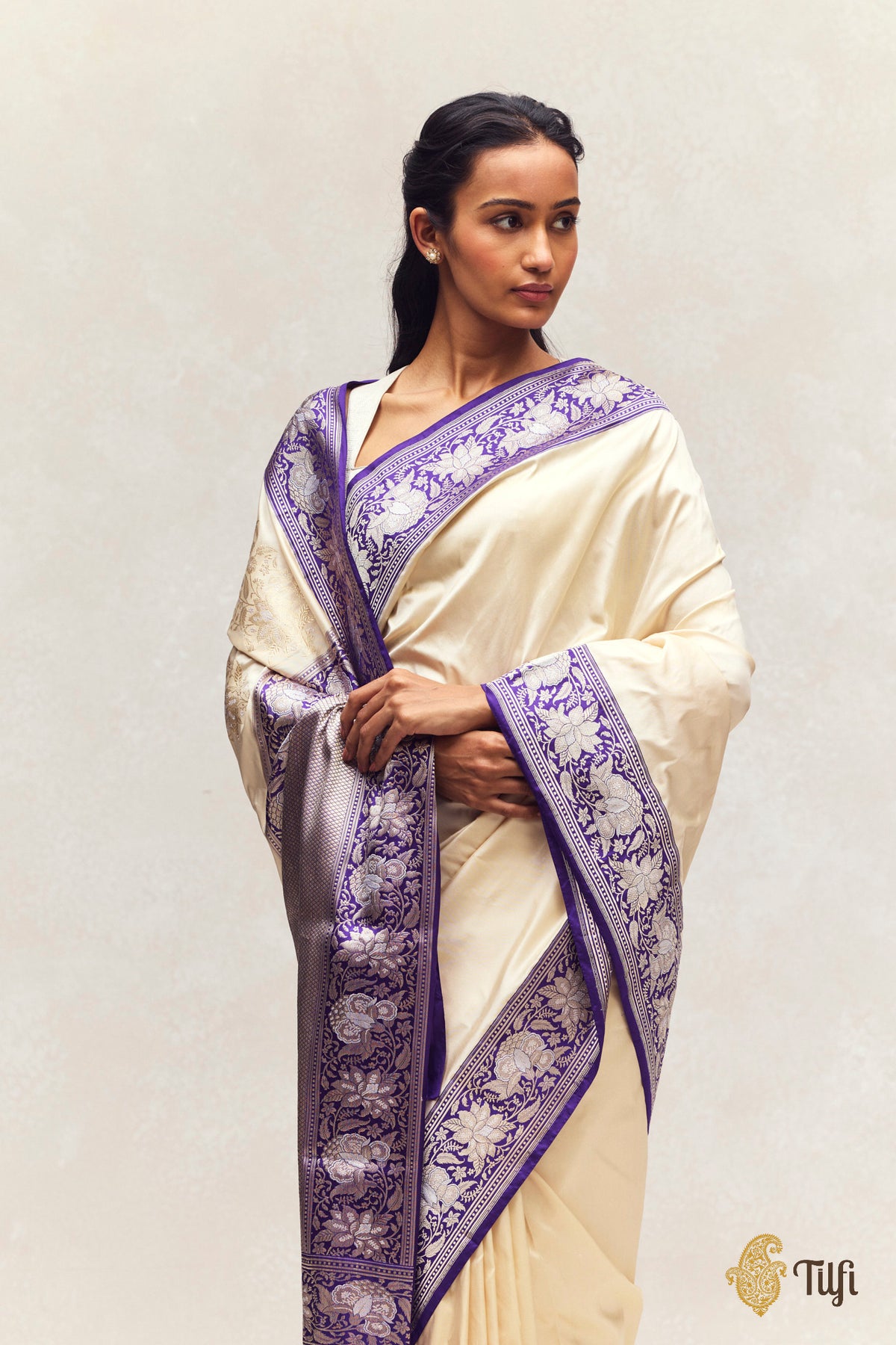 'Indu' Off White-Purple Pure Katan Silk Banarasi Kadiyal Handloom Saree