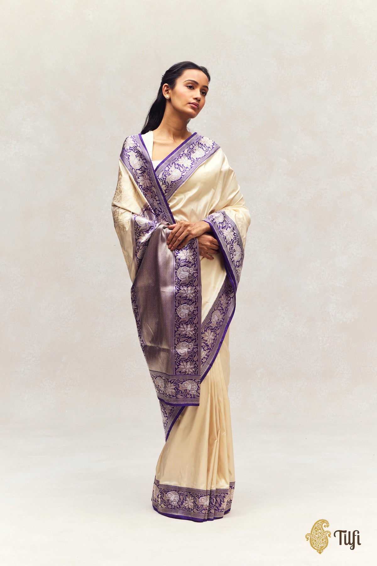 'Indu' Off White-Purple Pure Katan Silk Banarasi Kadiyal Handloom Saree