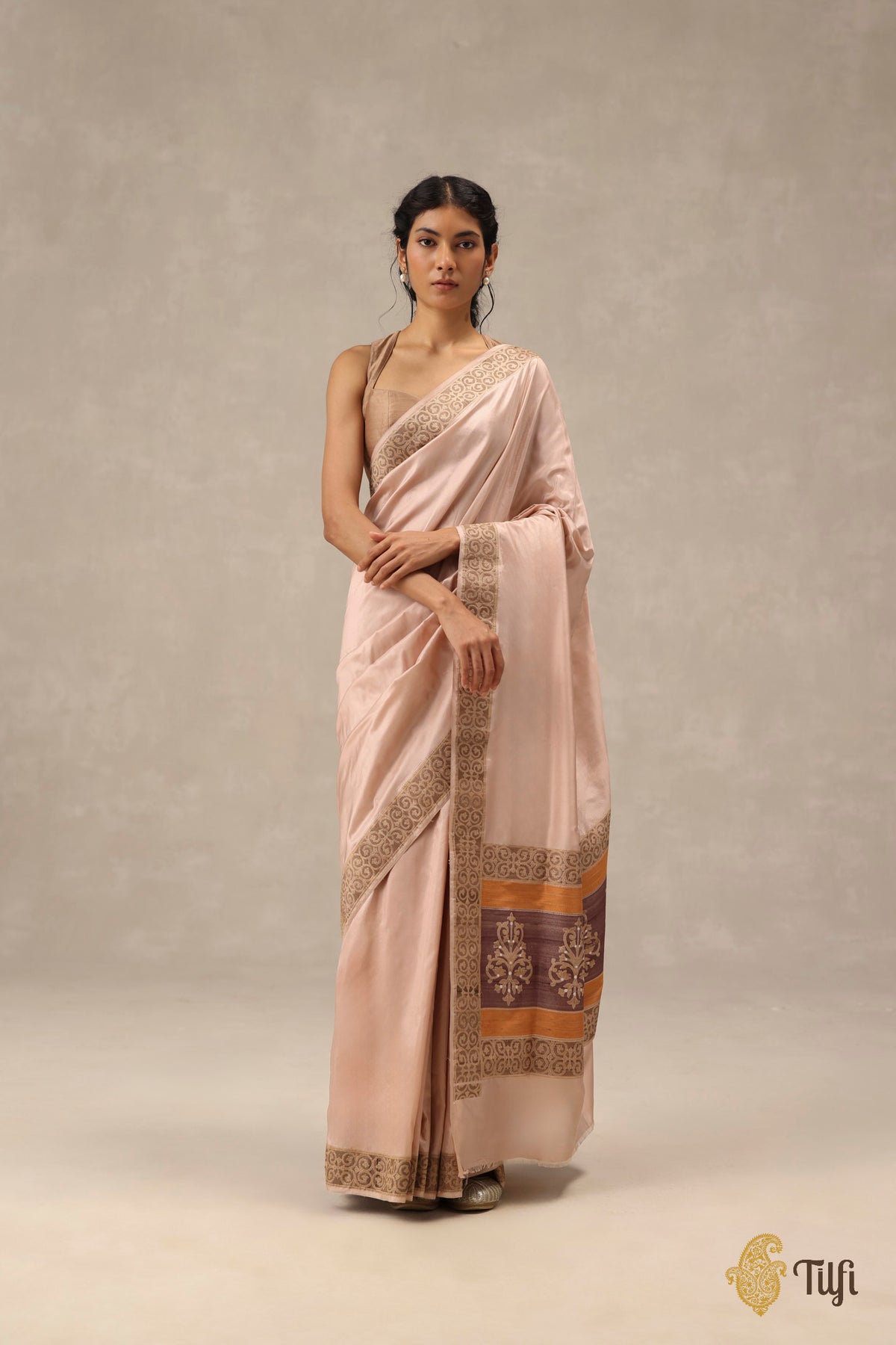 'Alba' Pastel Pink Pure Katan Gheecha Silk Banarasi Handloom Saree