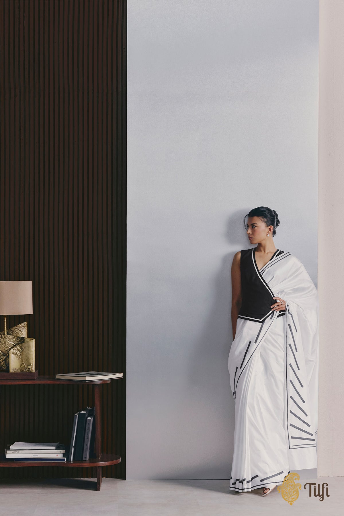 'The Library' White Pure Katan Silk Banarasi Handloom Saree