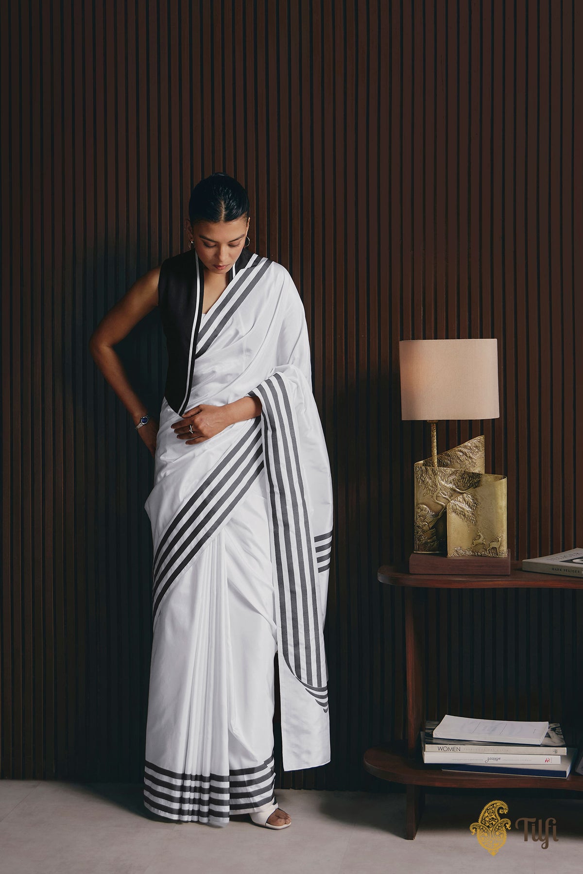 'Sheet Music' White Pure Katan Silk Banarasi Handloom Saree