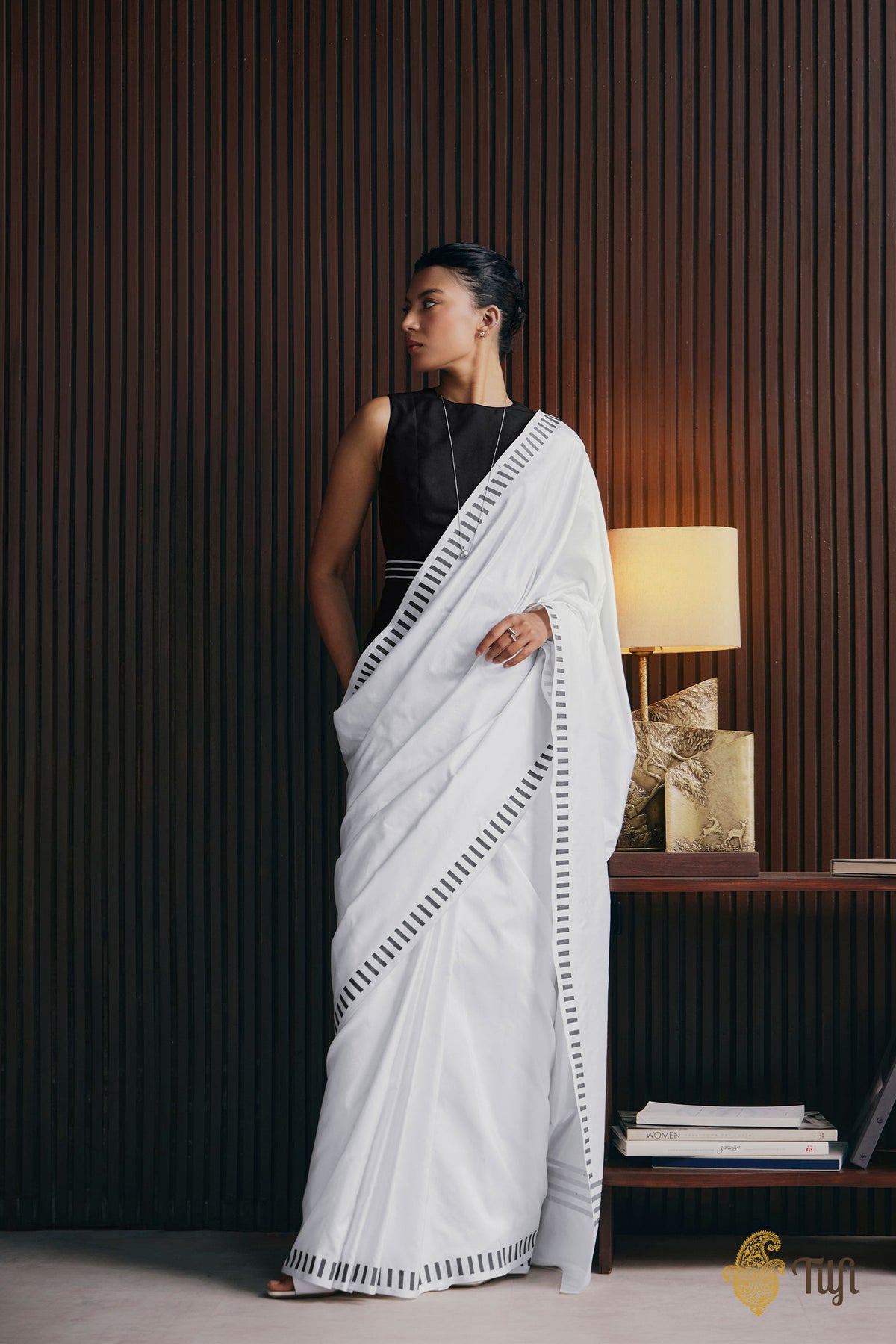 'Piano Keys' White Pure Katan Silk Banarasi Handloom Saree