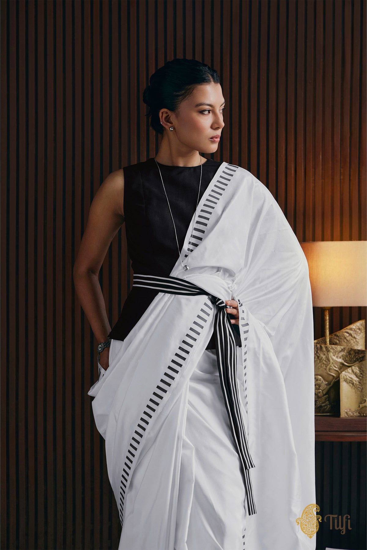'Piano Keys' White Pure Katan Silk Banarasi Handloom Saree