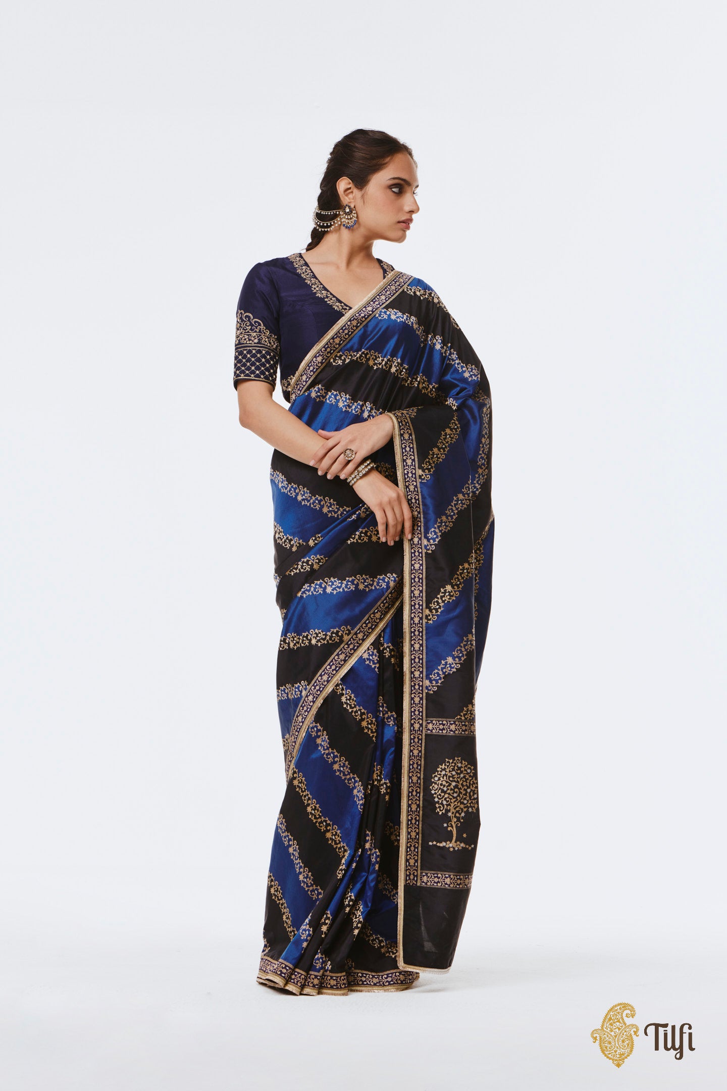Pre-Order: 'Nandana' Black-Blue Pure Katan Silk Banarasi Handloom Rangkat Saree