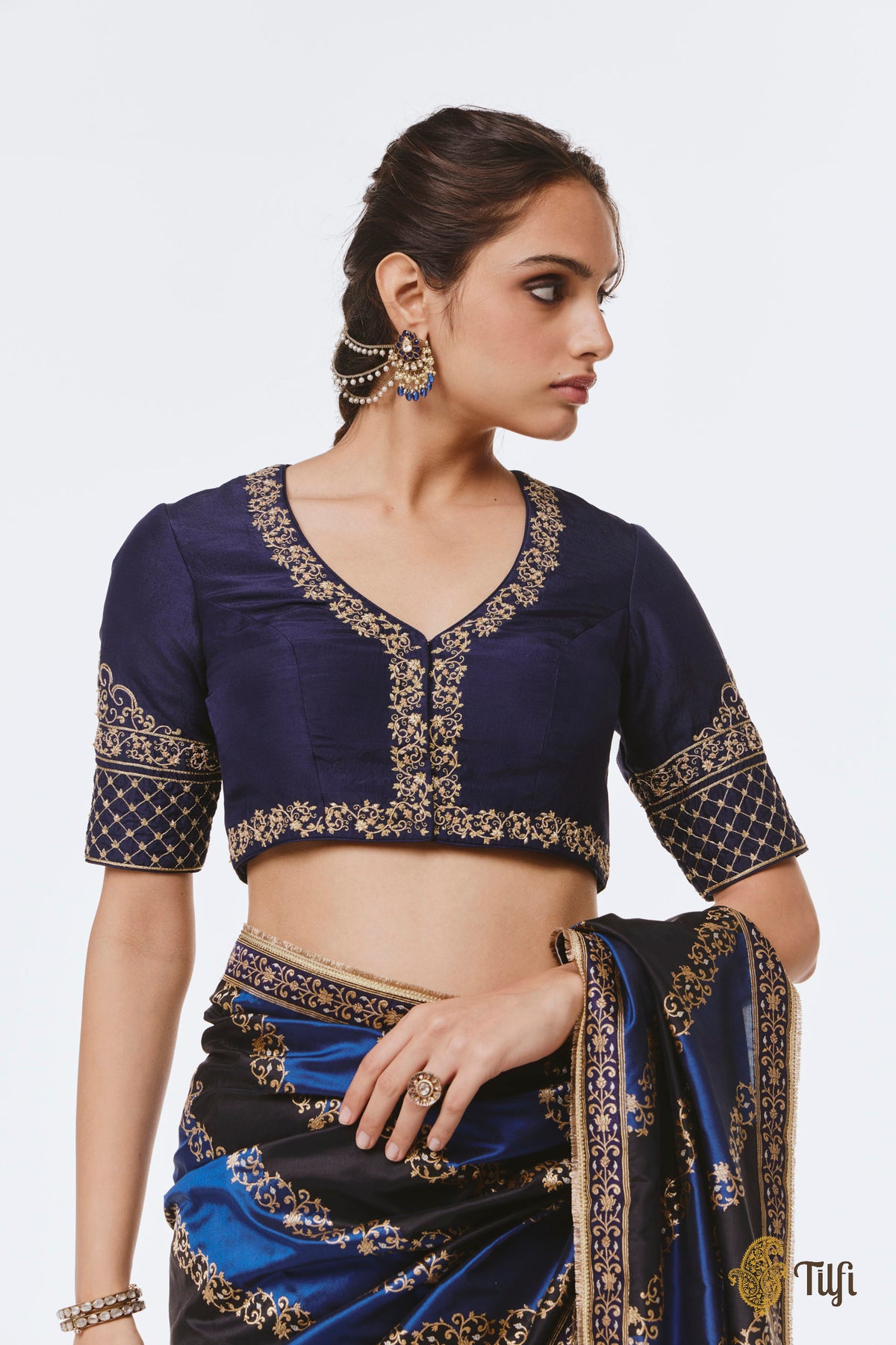 Deep Blue Pure Raw Silk Hand-Embroidered Blouse
