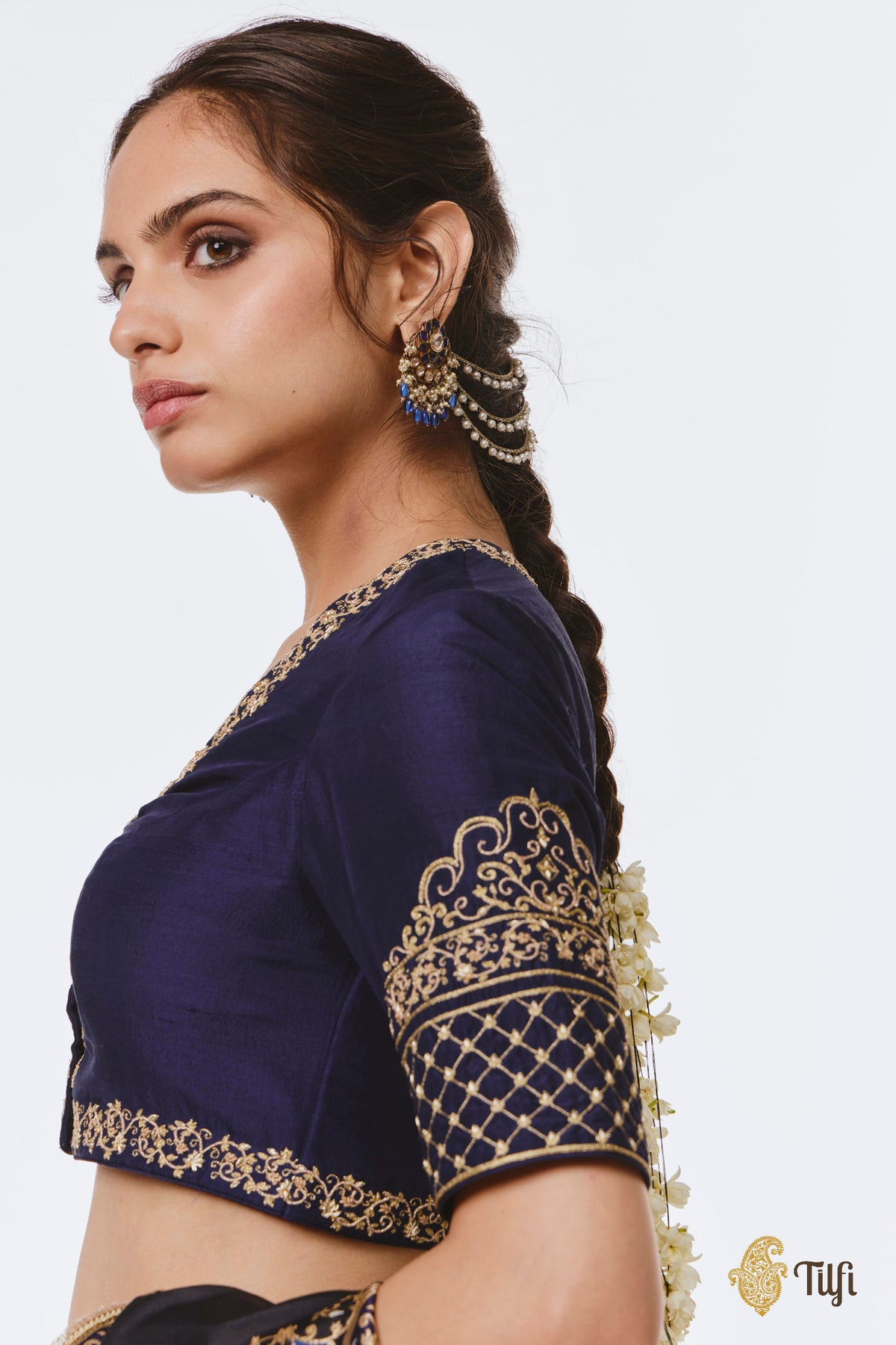 Deep Blue Pure Raw Silk Hand-Embroidered Blouse