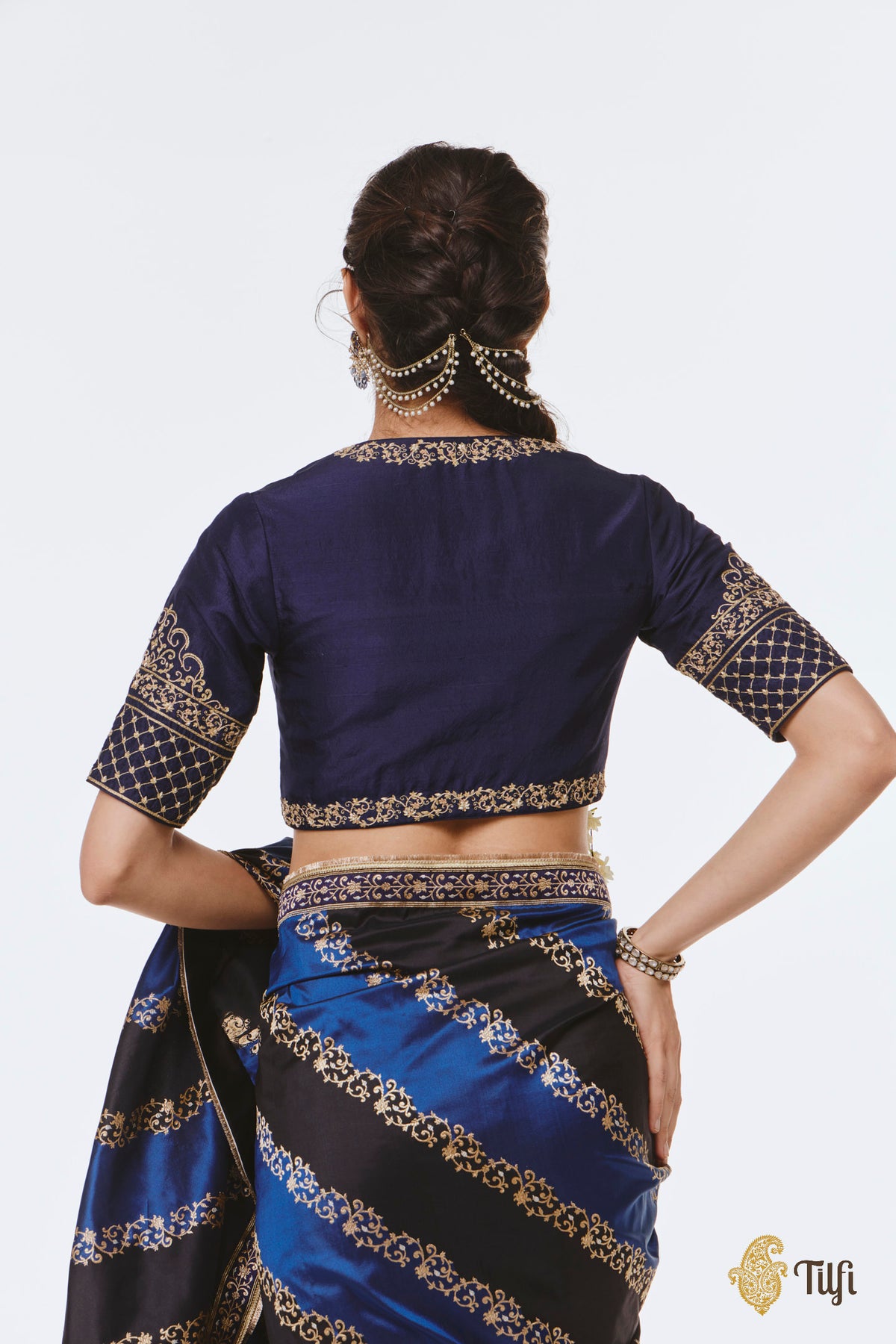 Deep Blue Pure Raw Silk Hand-Embroidered Blouse