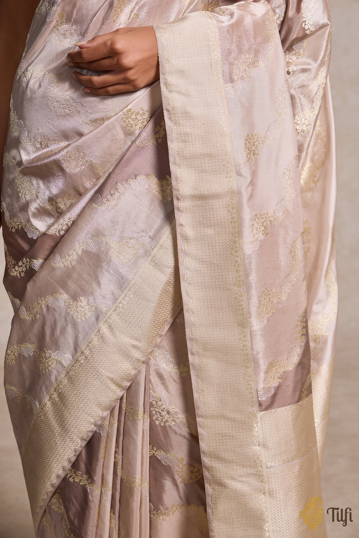 &#39;Gabrielle&#39; Brown-Taupe Rangkat Pure Katan and Tissue Silk Banarasi Handloom Saree