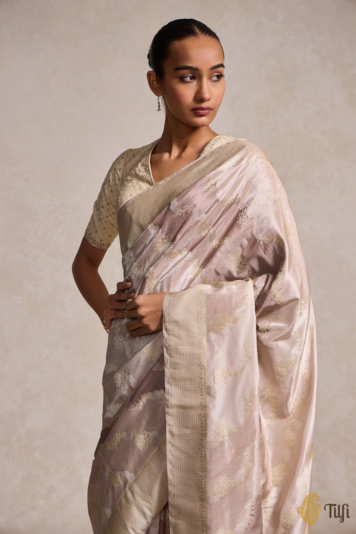 &#39;Gabrielle&#39; Brown-Taupe Rangkat Pure Katan and Tissue Silk Banarasi Handloom Saree