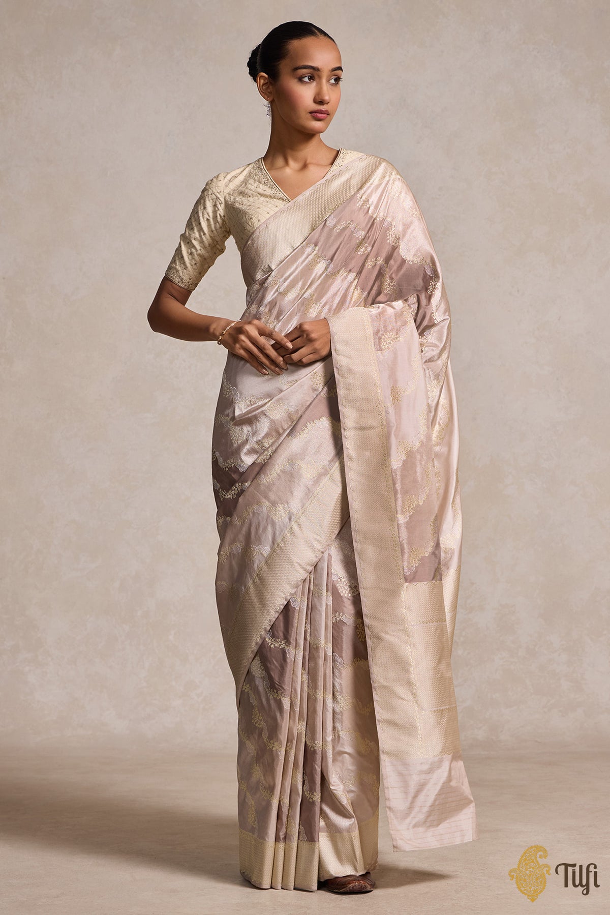 &#39;Gabrielle&#39; Brown-Taupe Rangkat Pure Katan and Tissue Silk Banarasi Handloom Saree