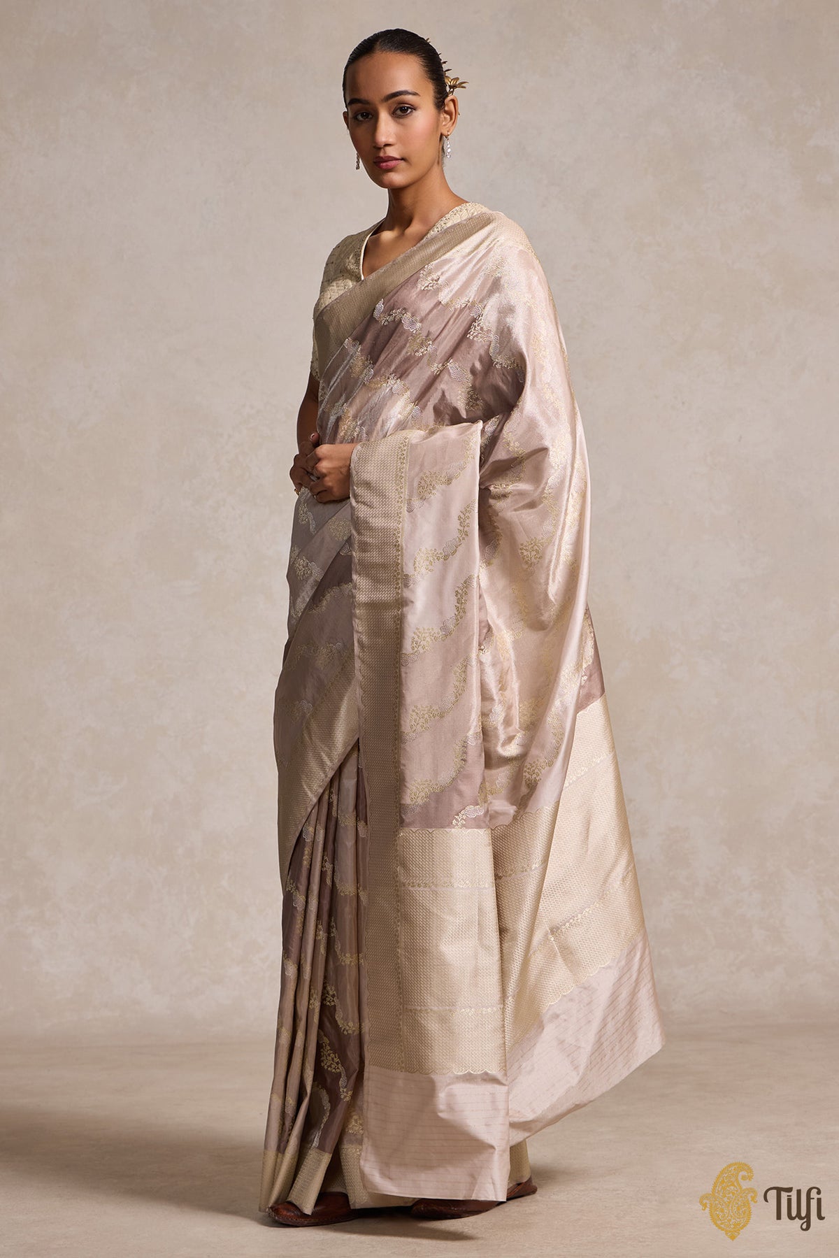 &#39;Gabrielle&#39; Brown-Taupe Rangkat Pure Katan and Tissue Silk Banarasi Handloom Saree