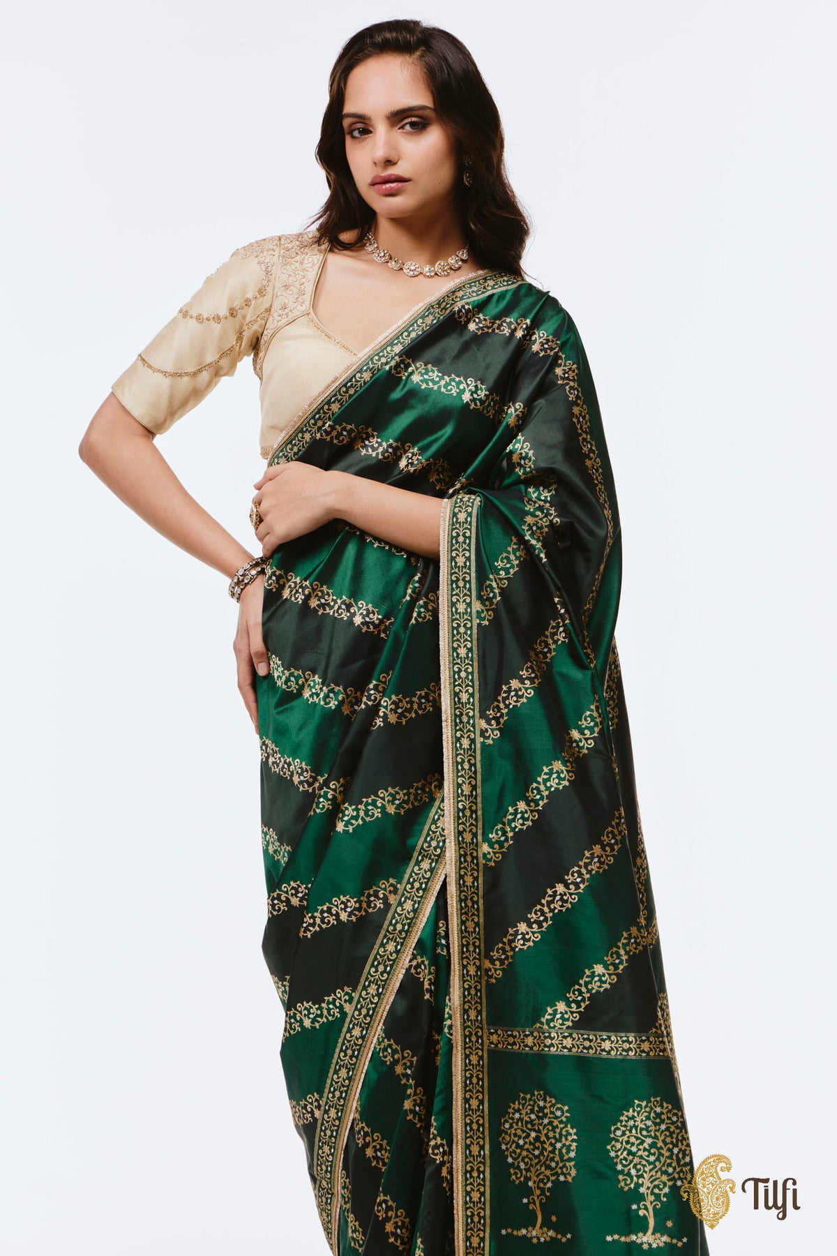 Pre-Order: 'Nandana' Shades of Green Pure Katan Silk Banarasi Handloom Saree