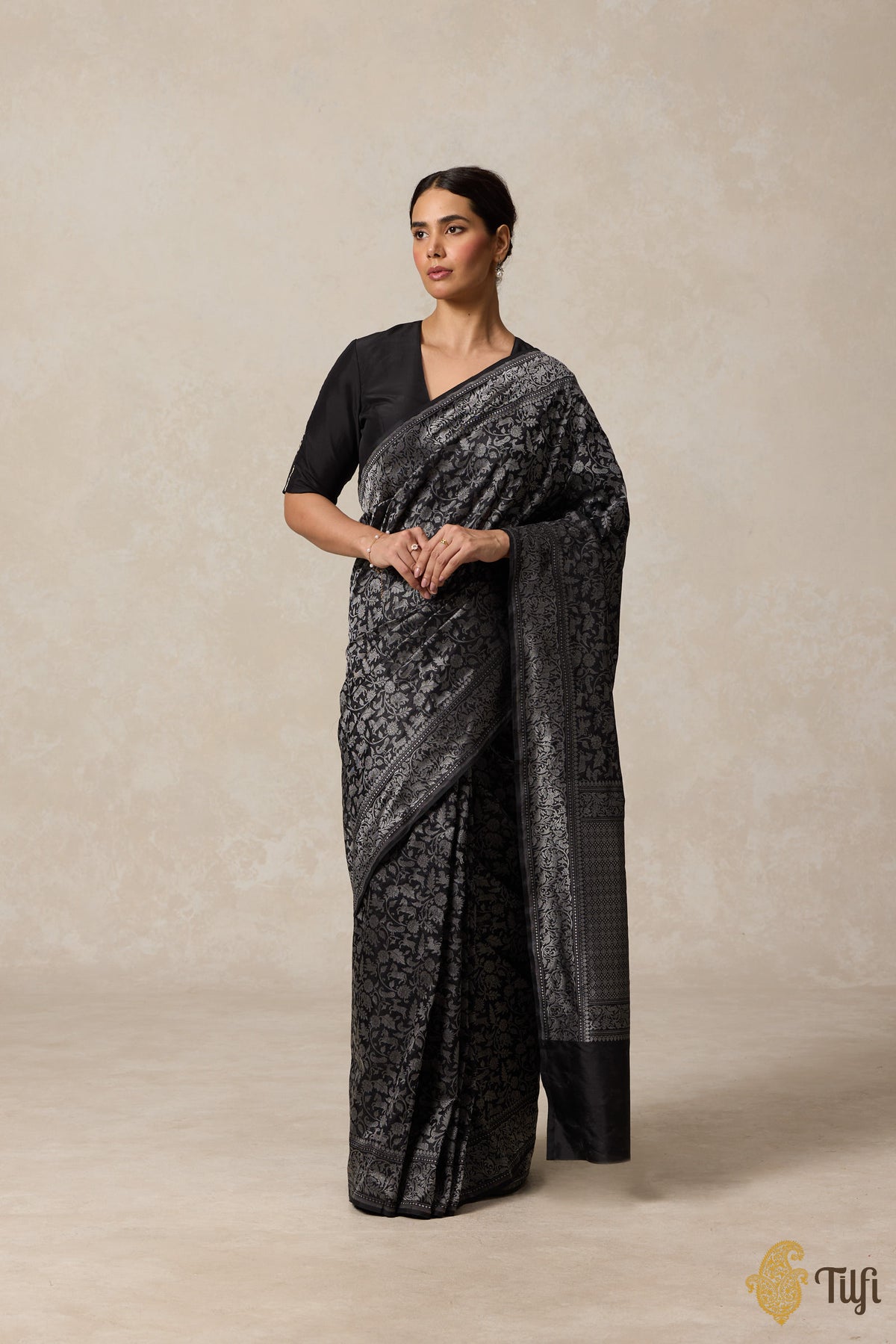 Black Grey Pure Katan Silk Banarasi Shikargah Handloom Saree