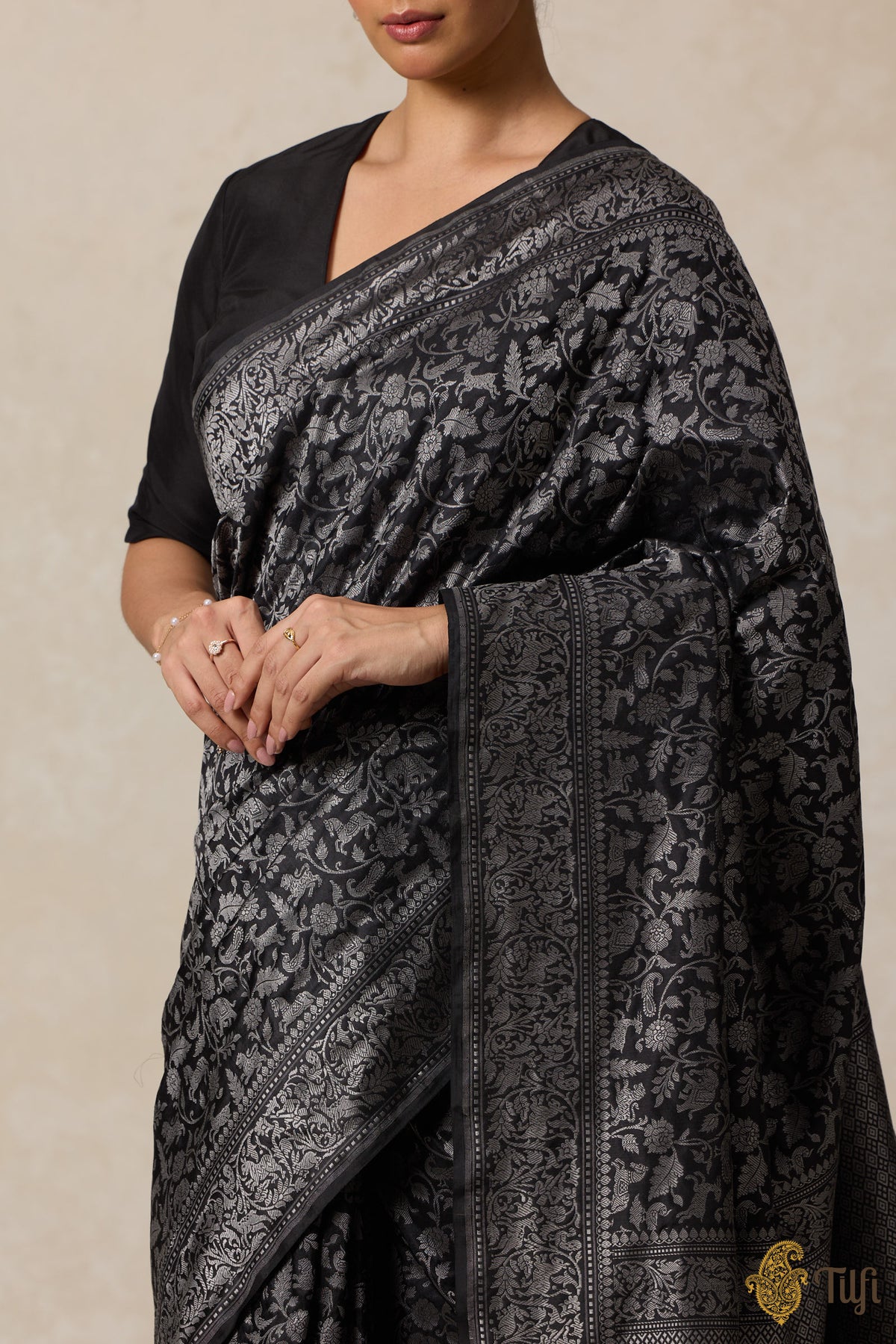 Black Grey Pure Katan Silk Banarasi Shikargah Handloom Saree