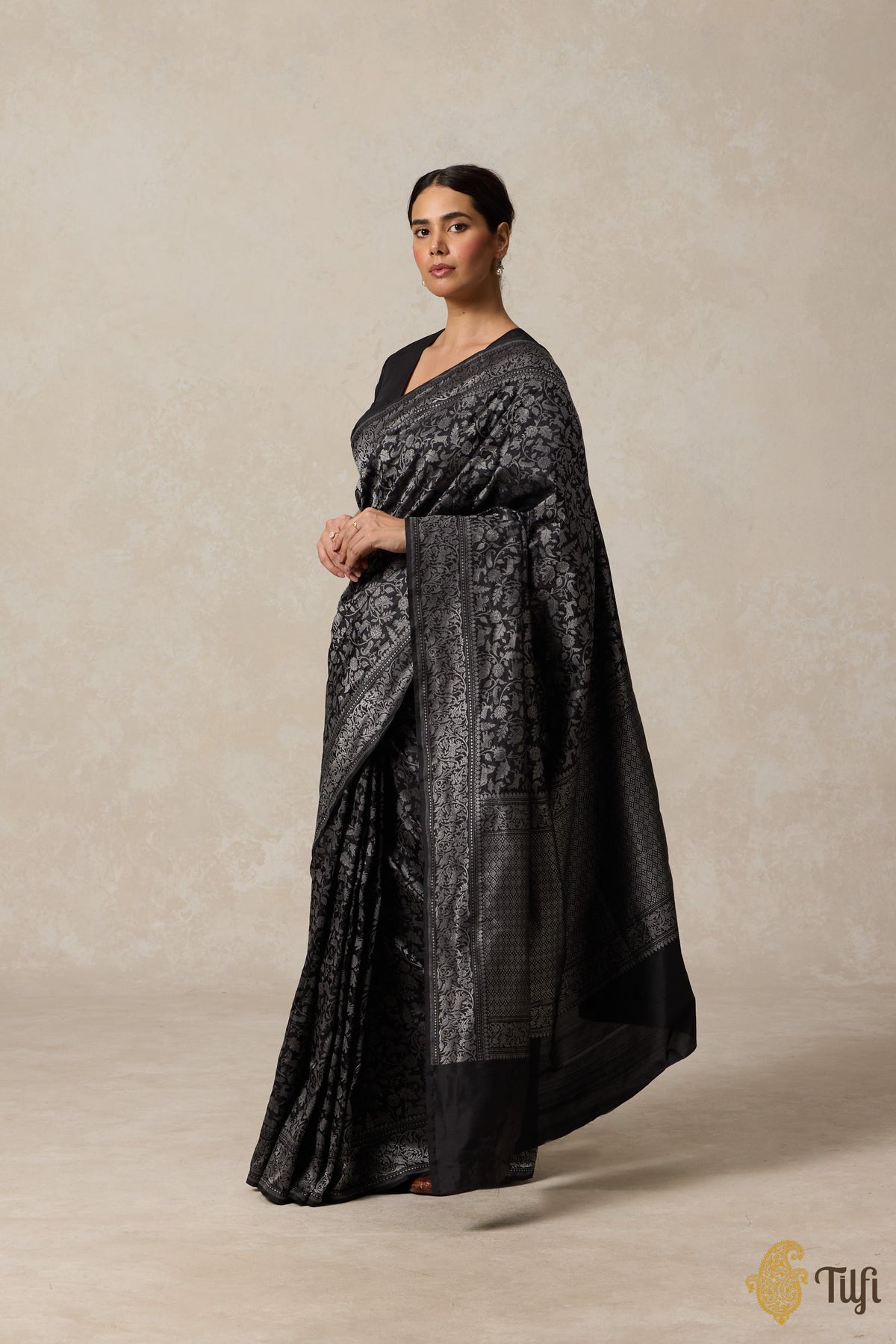 Black Grey Pure Katan Silk Banarasi Shikargah Handloom Saree