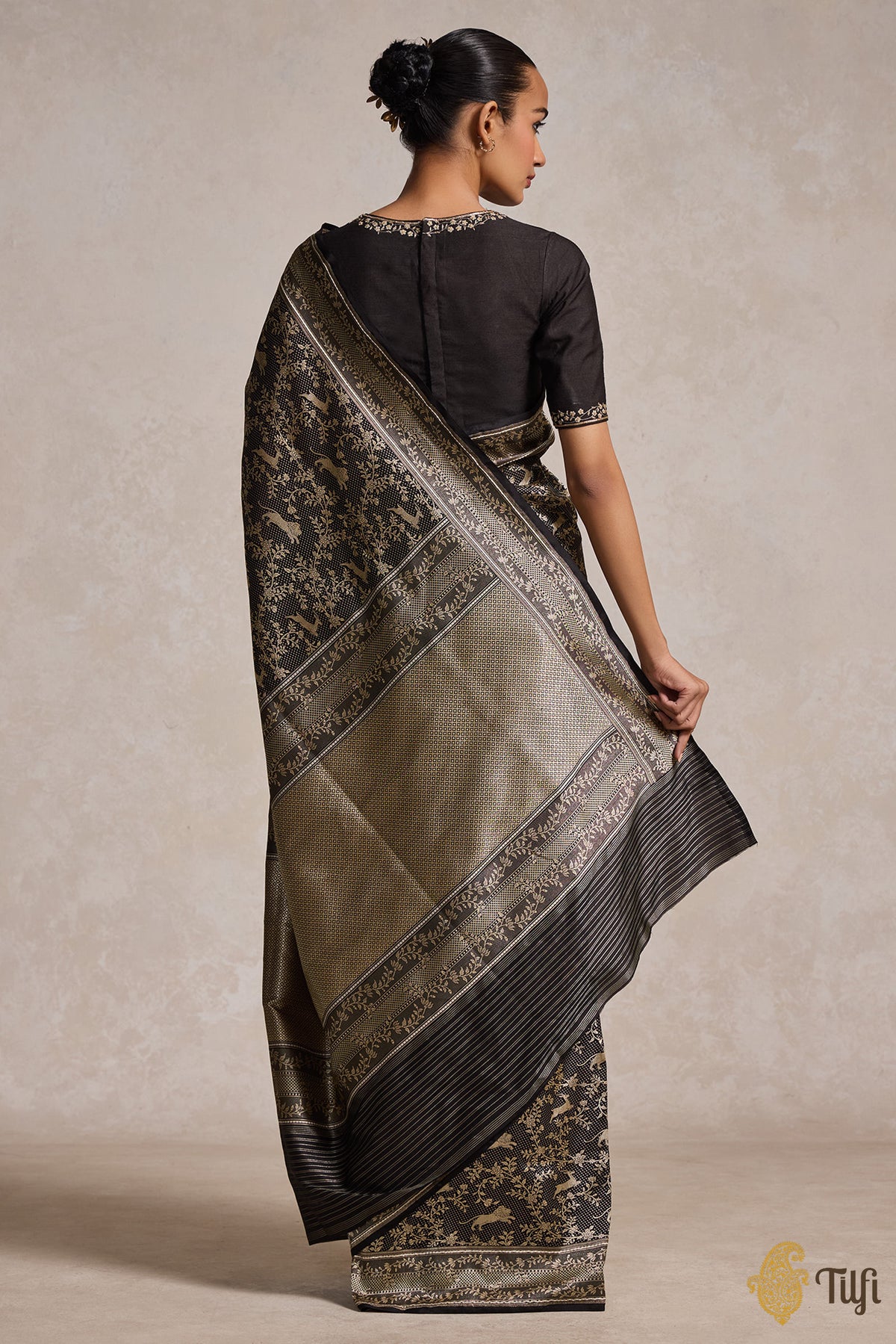 Black Pure Katan Silk Banarasi Shikargah Handloom Saree