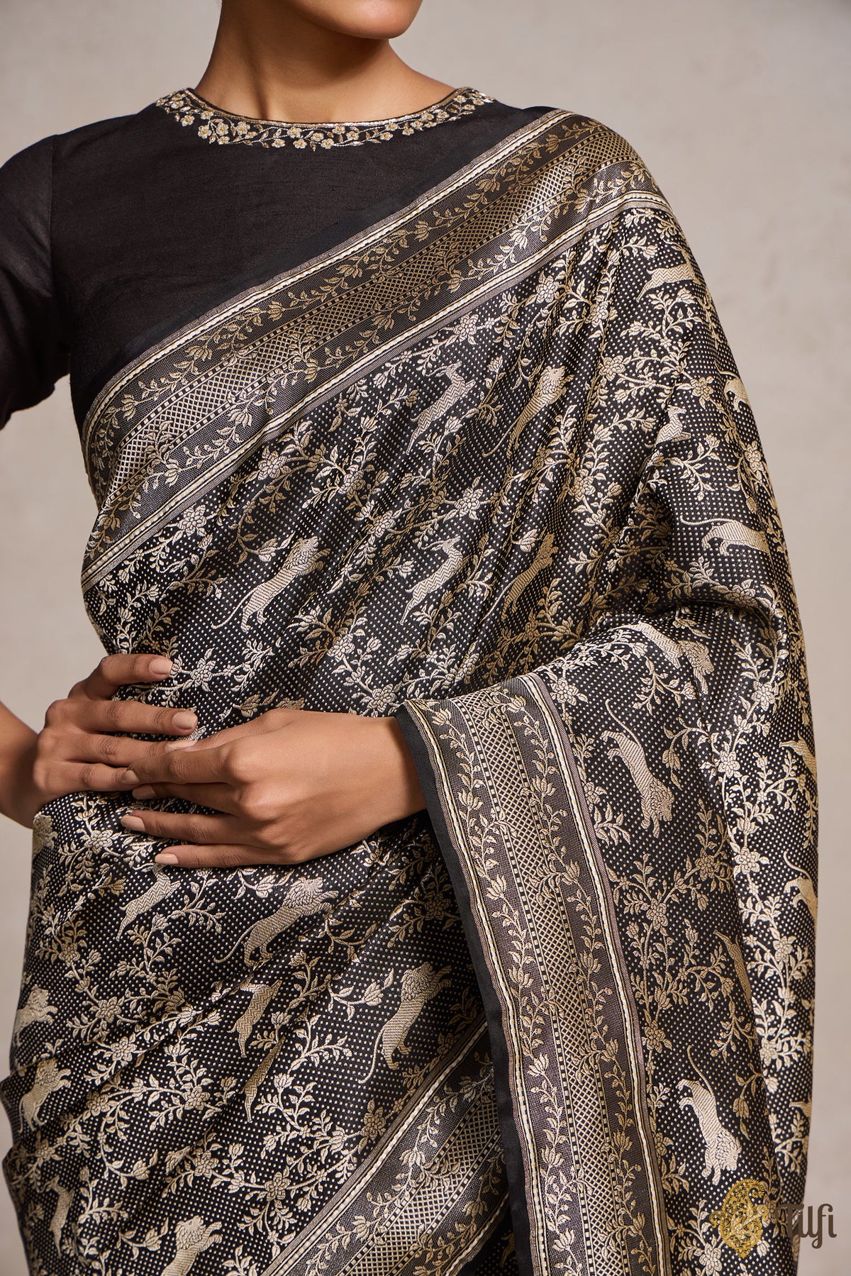 Black Pure Katan Silk Banarasi Shikargah Handloom Saree