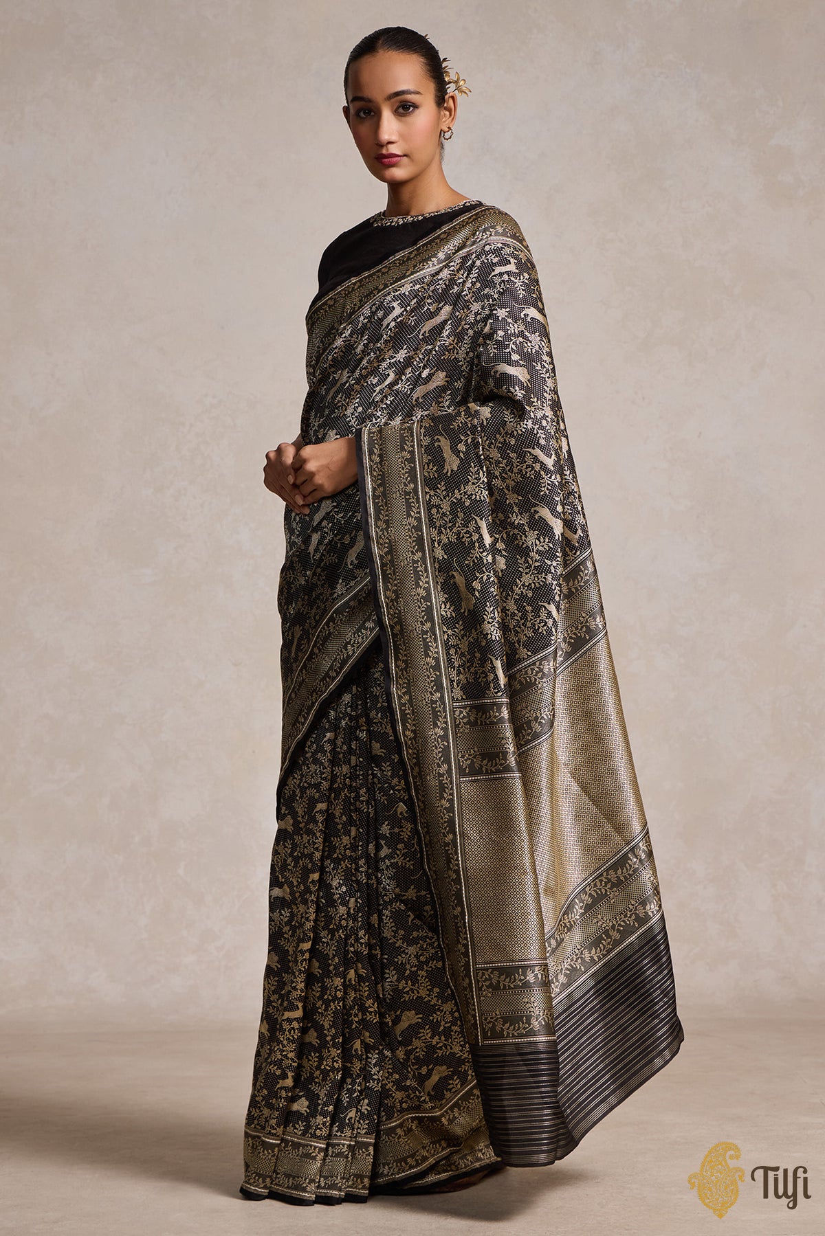 Black Pure Katan Silk Banarasi Shikargah Handloom Saree