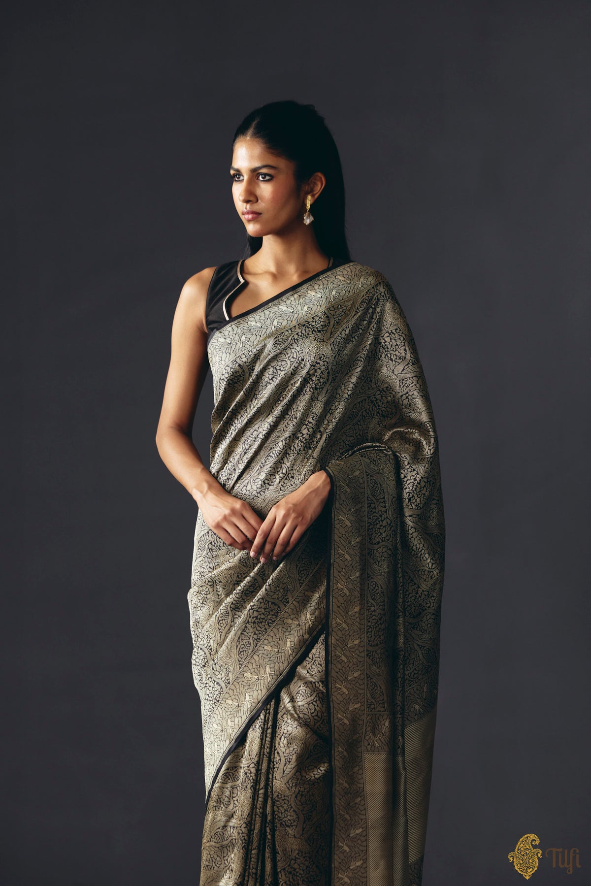 'Majestic Leap' Black Pure Katan Silk Banarasi Handloom Saree
