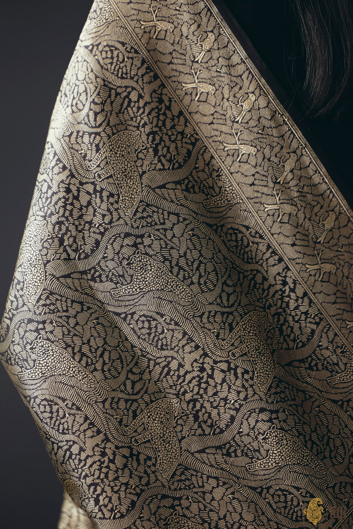 'Majestic Leap' Black Pure Katan Silk Banarasi Handloom Saree