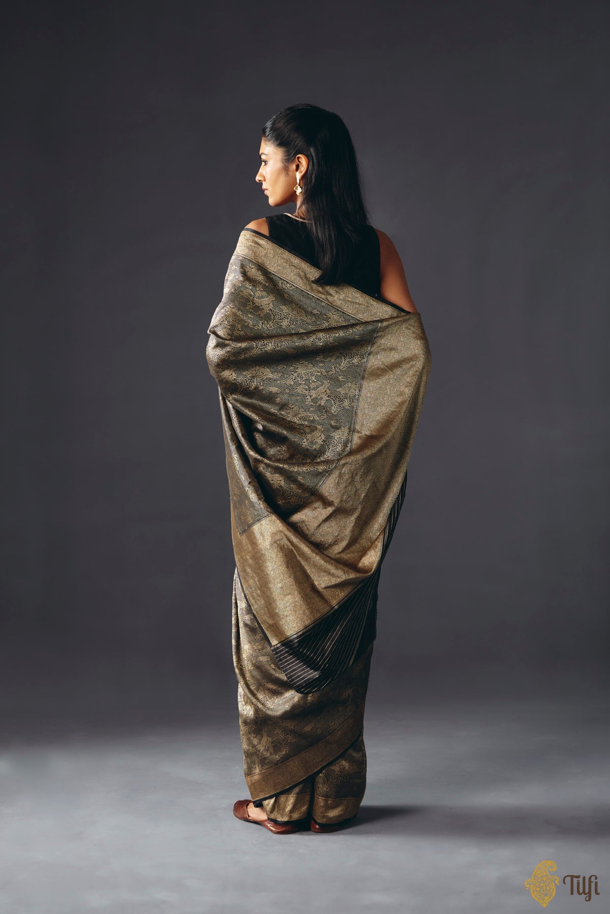 'Secrets of the Snow' Black Pure Katan Silk Banarasi Handloom Saree