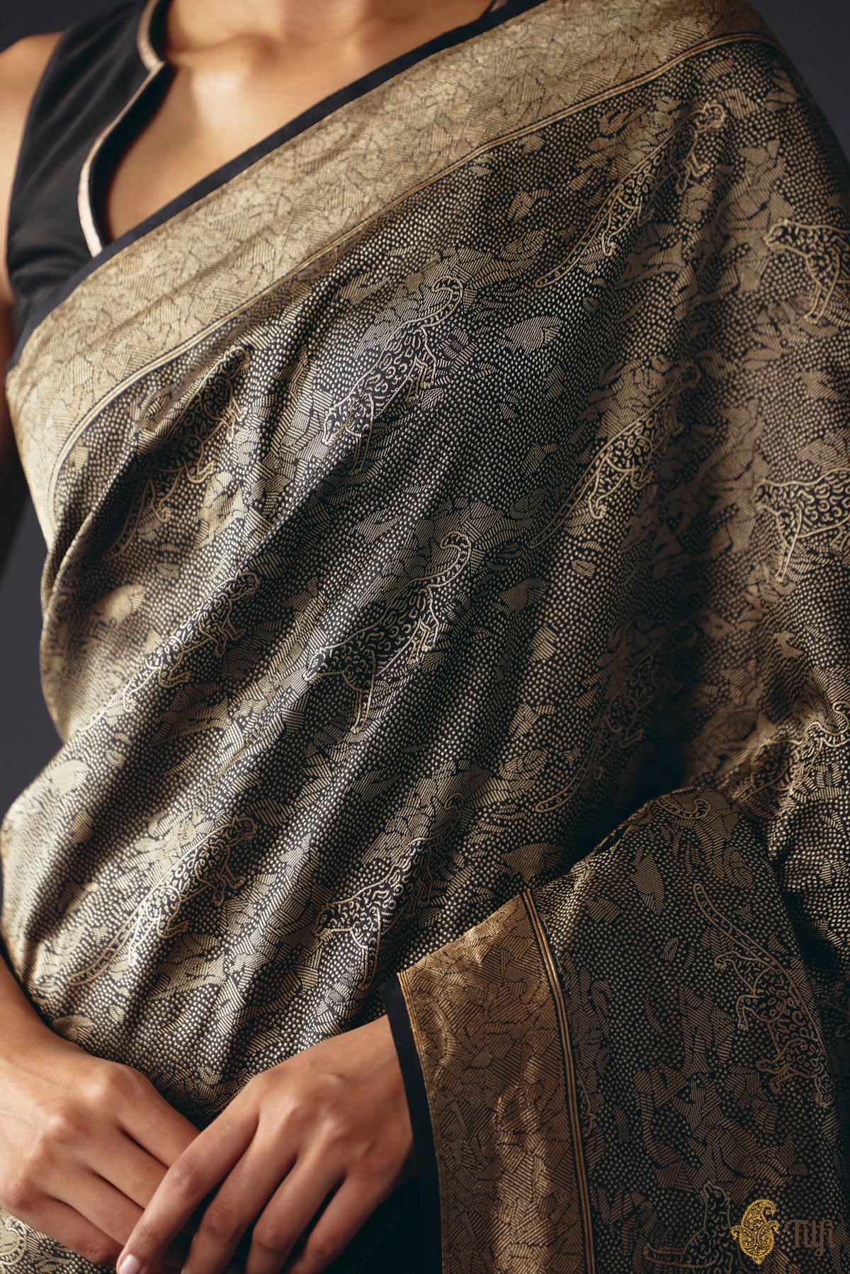 'Secrets of the Snow' Black Pure Katan Silk Banarasi Handloom Saree