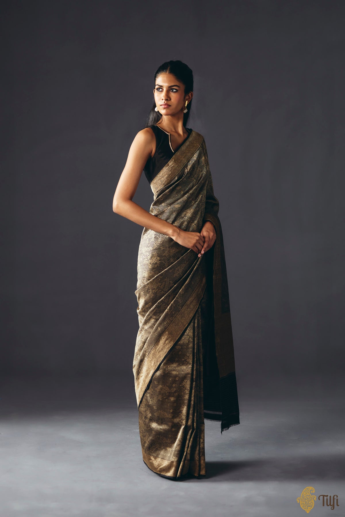 'Secrets of the Snow' Black Pure Katan Silk Banarasi Handloom Saree