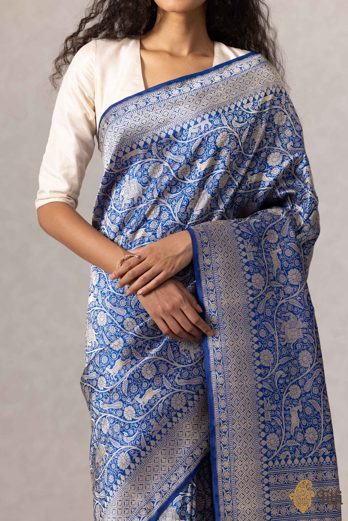 Royal Blue Pure Katan Silk Banarasi Shikargah Handloom Saree