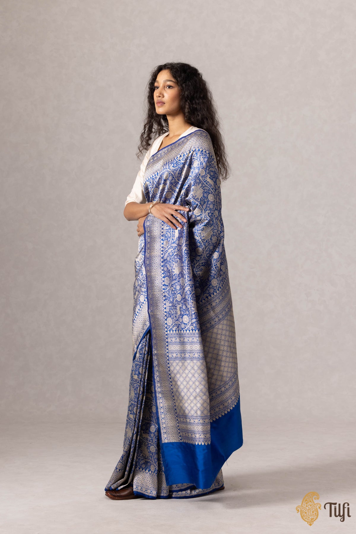 Royal Blue Pure Katan Silk Banarasi Shikargah Handloom Saree