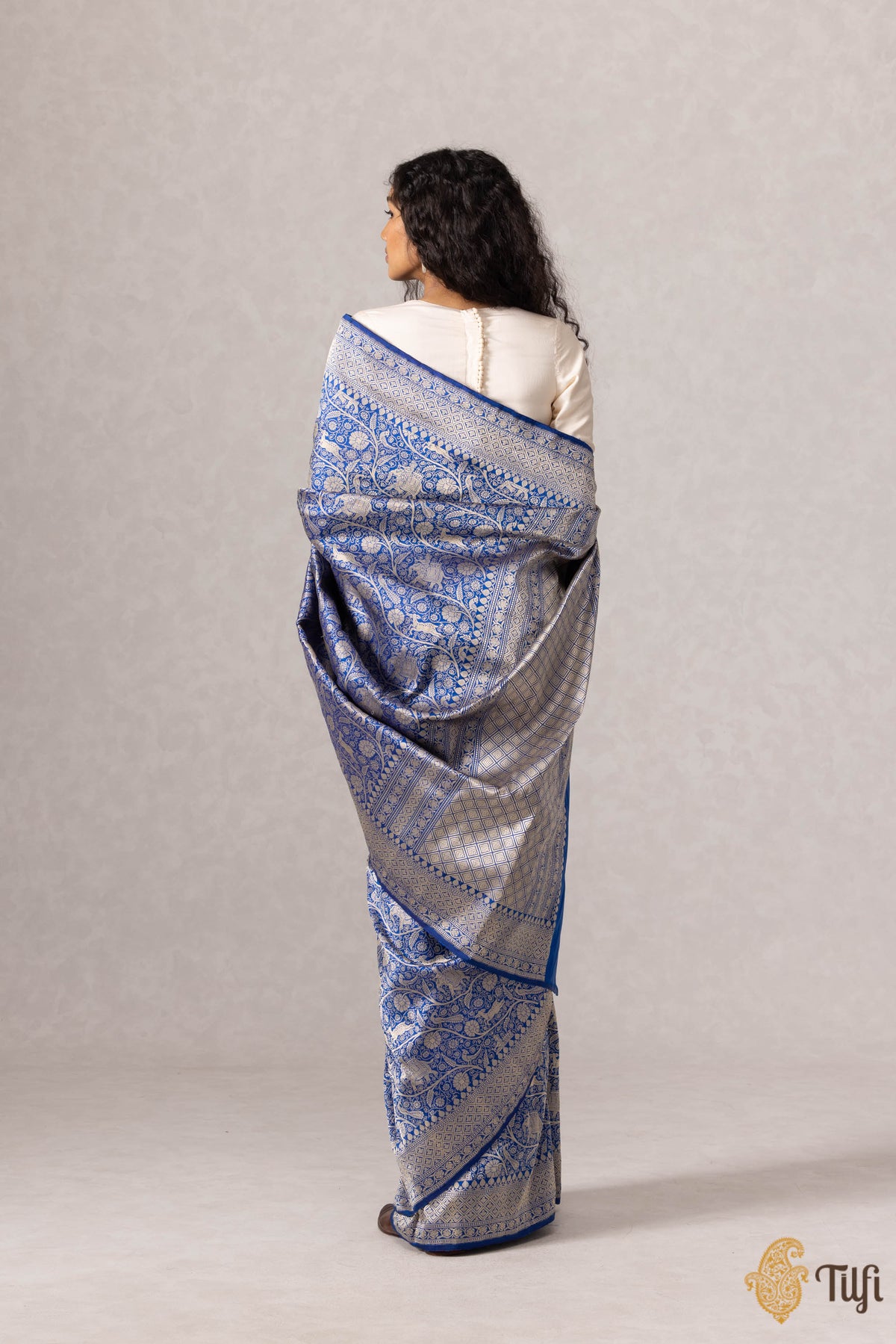 Royal Blue Pure Katan Silk Banarasi Shikargah Handloom Saree