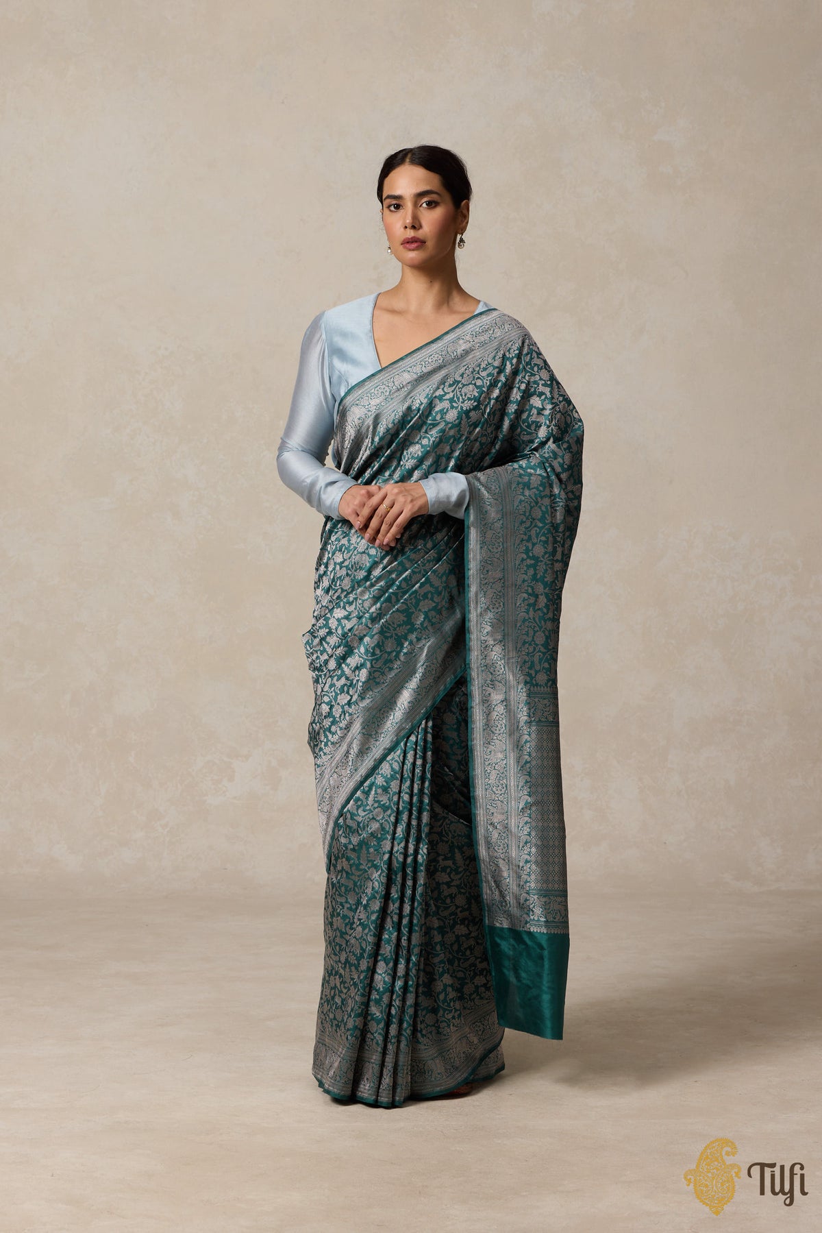 Teal Blue Grey Pure Katan Silk Banarasi Shikargah Handloom Saree