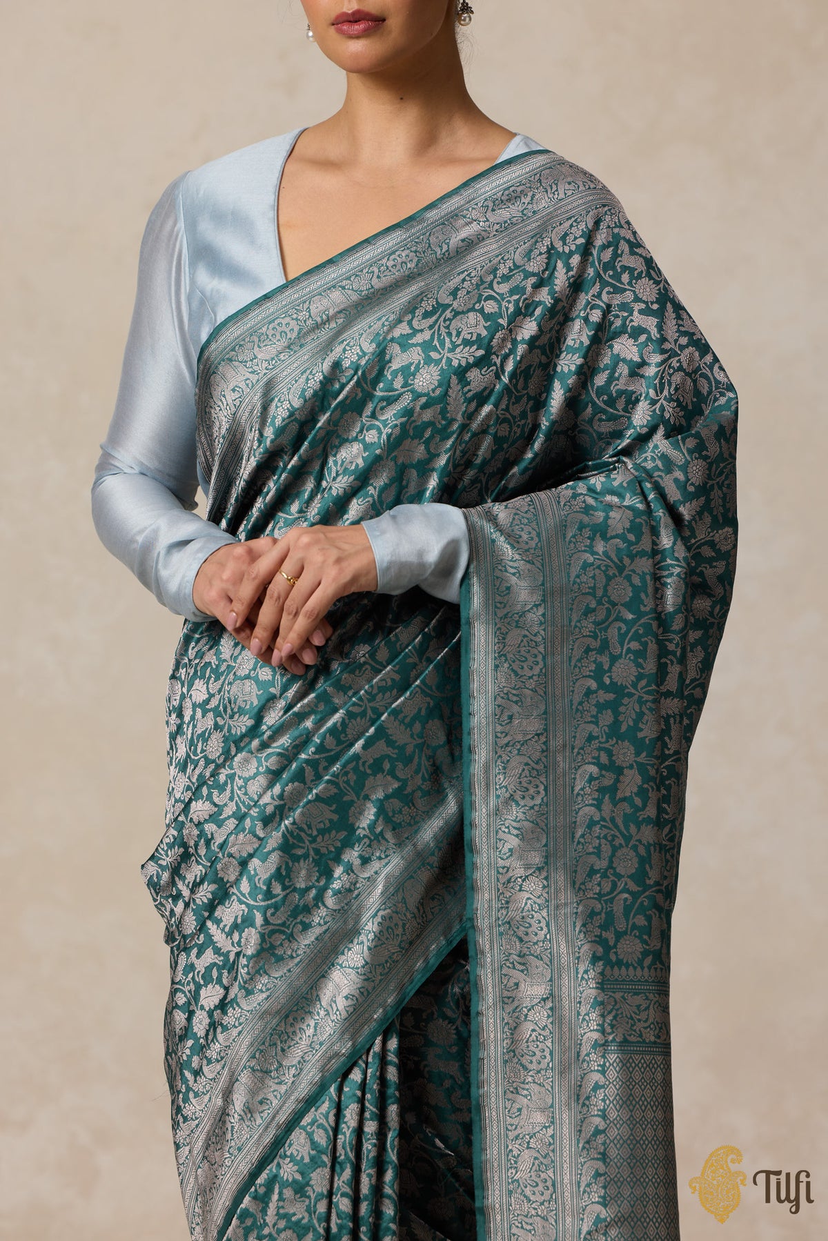 Teal Blue Grey Pure Katan Silk Banarasi Shikargah Handloom Saree