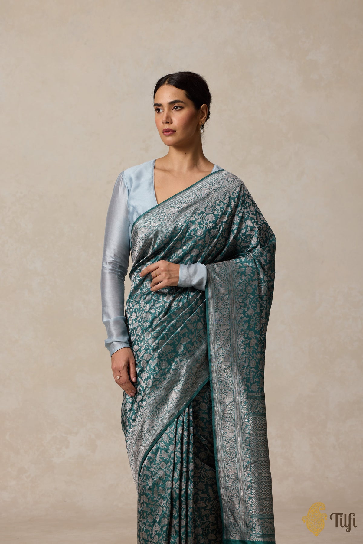 Teal Blue Grey Pure Katan Silk Banarasi Shikargah Handloom Saree