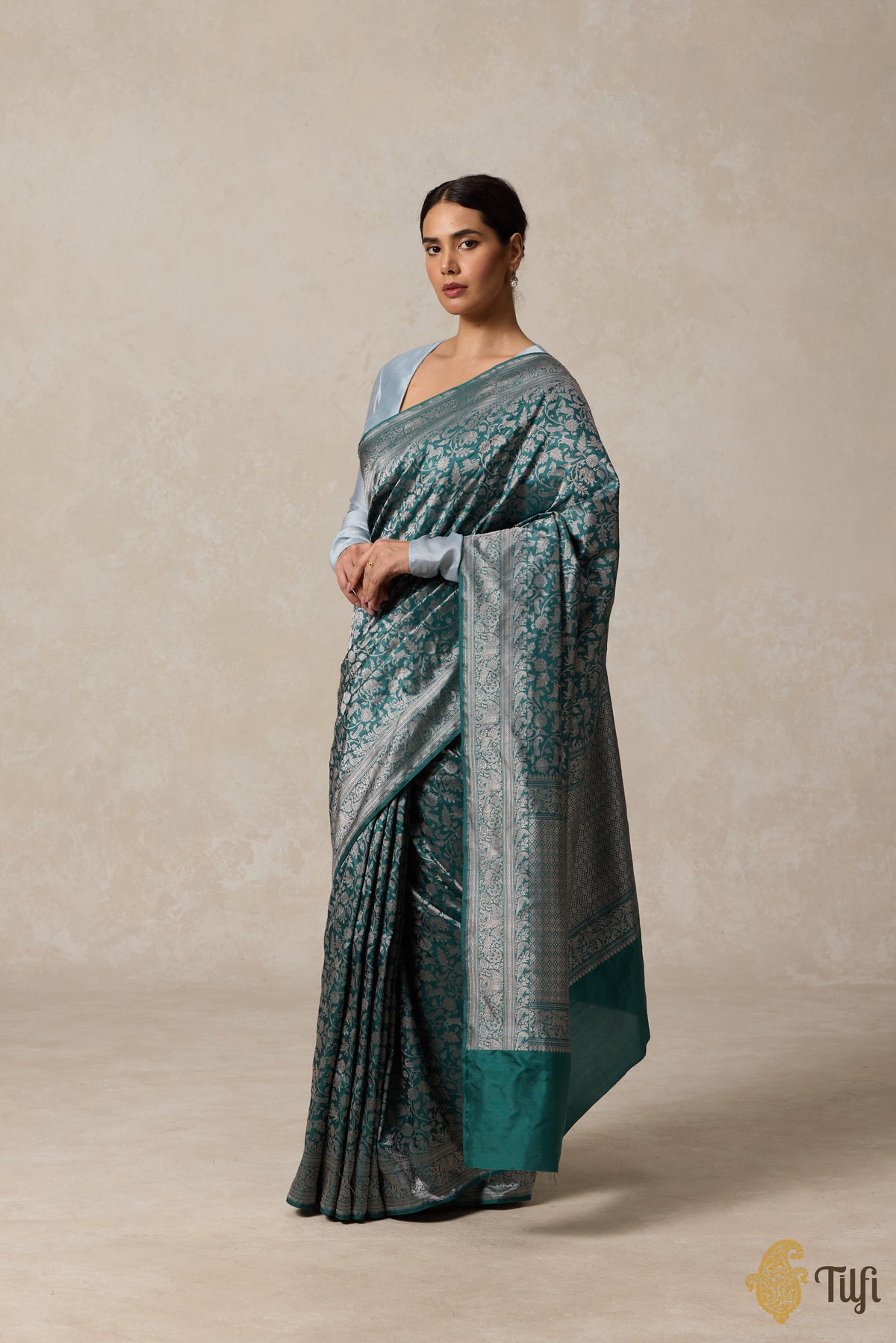 Teal Blue Grey Pure Katan Silk Banarasi Shikargah Handloom Saree