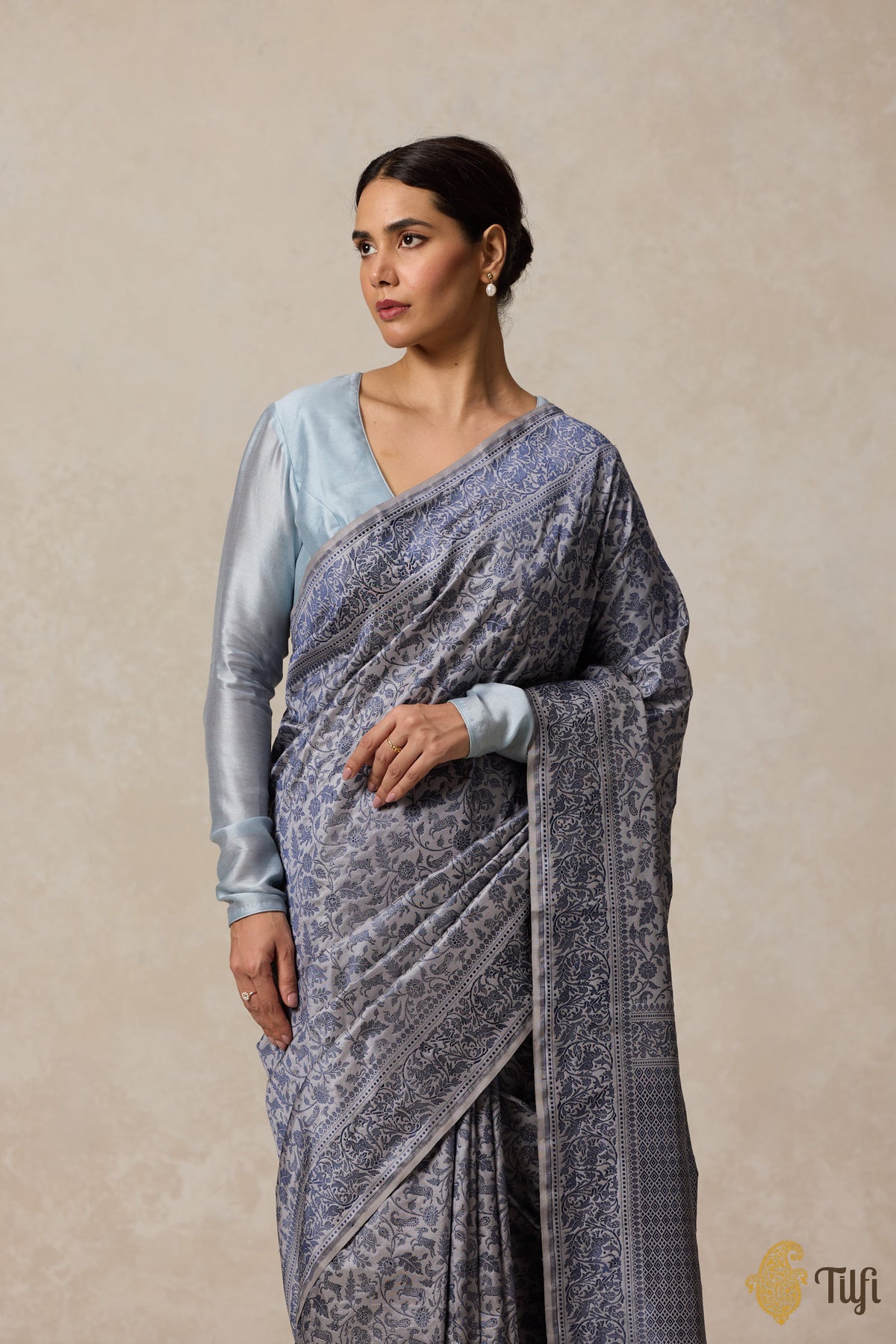 Grey Blue Pure Katan Silk Banarasi Shikargah Handloom Saree