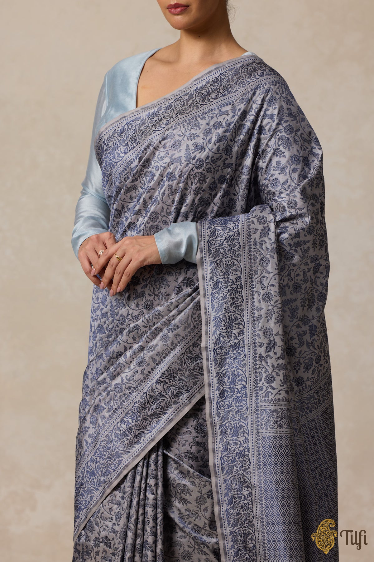 Pre-Order : Grey Blue Pure Katan Silk Banarasi Shikargah Handloom Saree