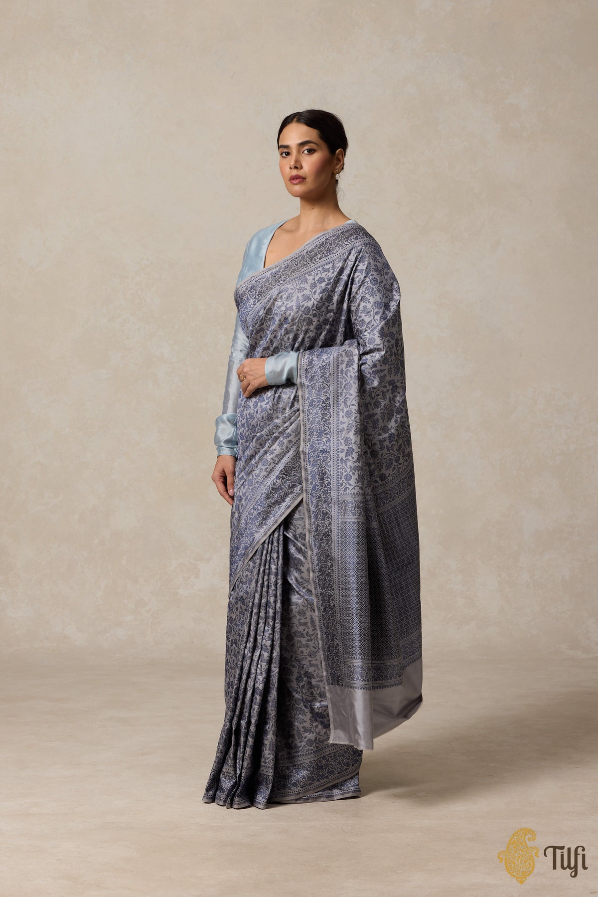 Pre-Order : Grey Blue Pure Katan Silk Banarasi Shikargah Handloom Saree