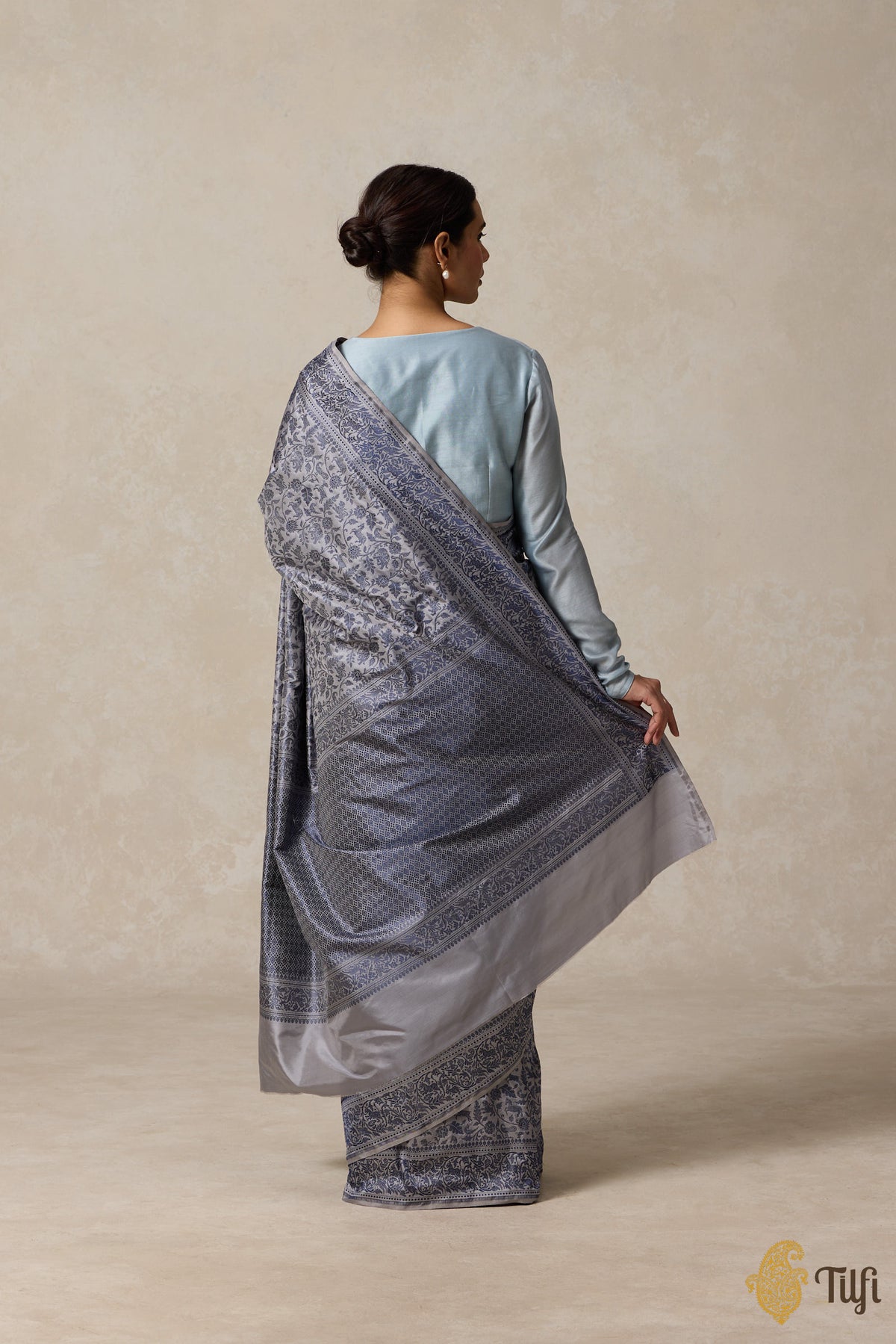 Grey Blue Pure Katan Silk Banarasi Shikargah Handloom Saree