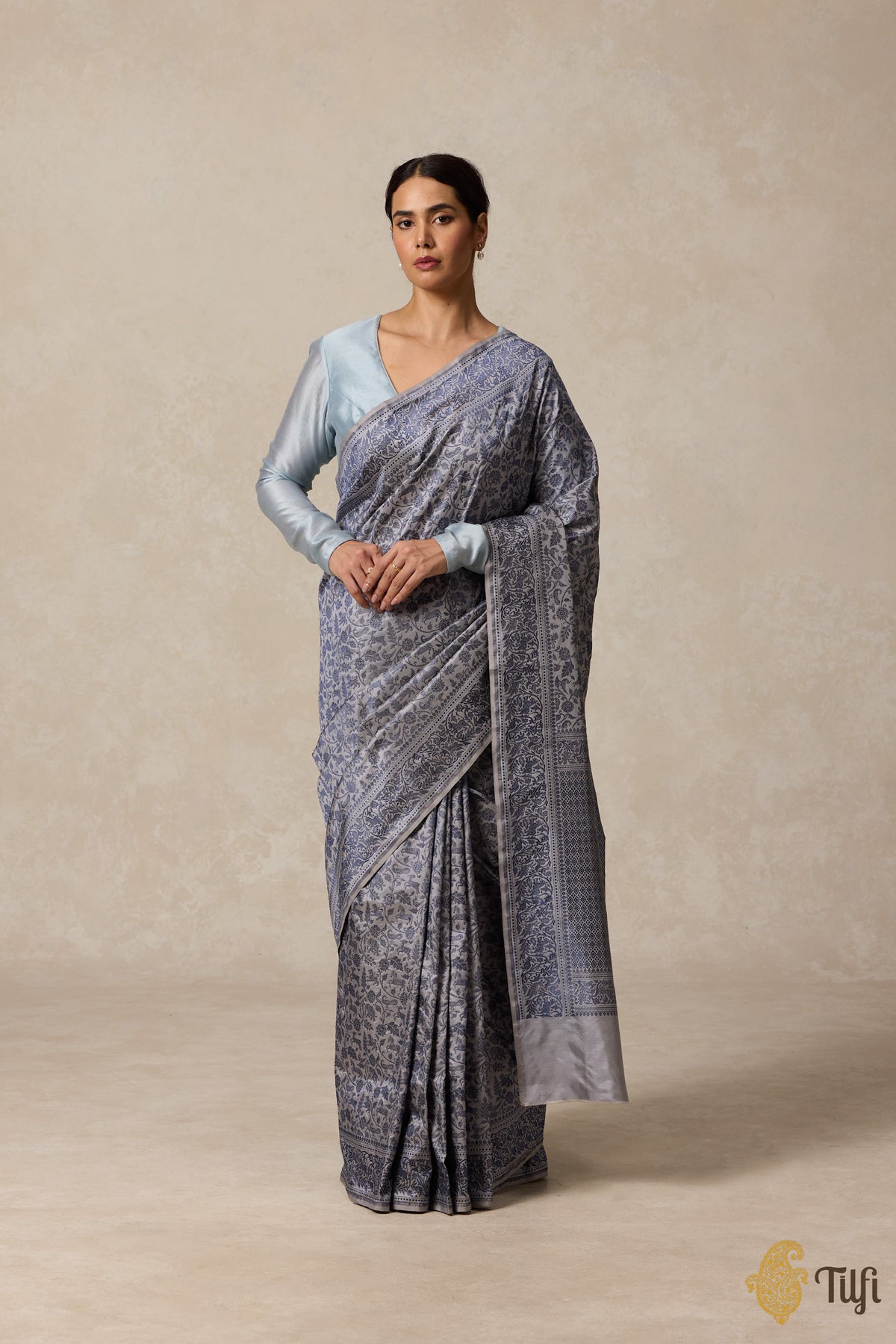 Grey Blue Pure Katan Silk Banarasi Shikargah Handloom Saree