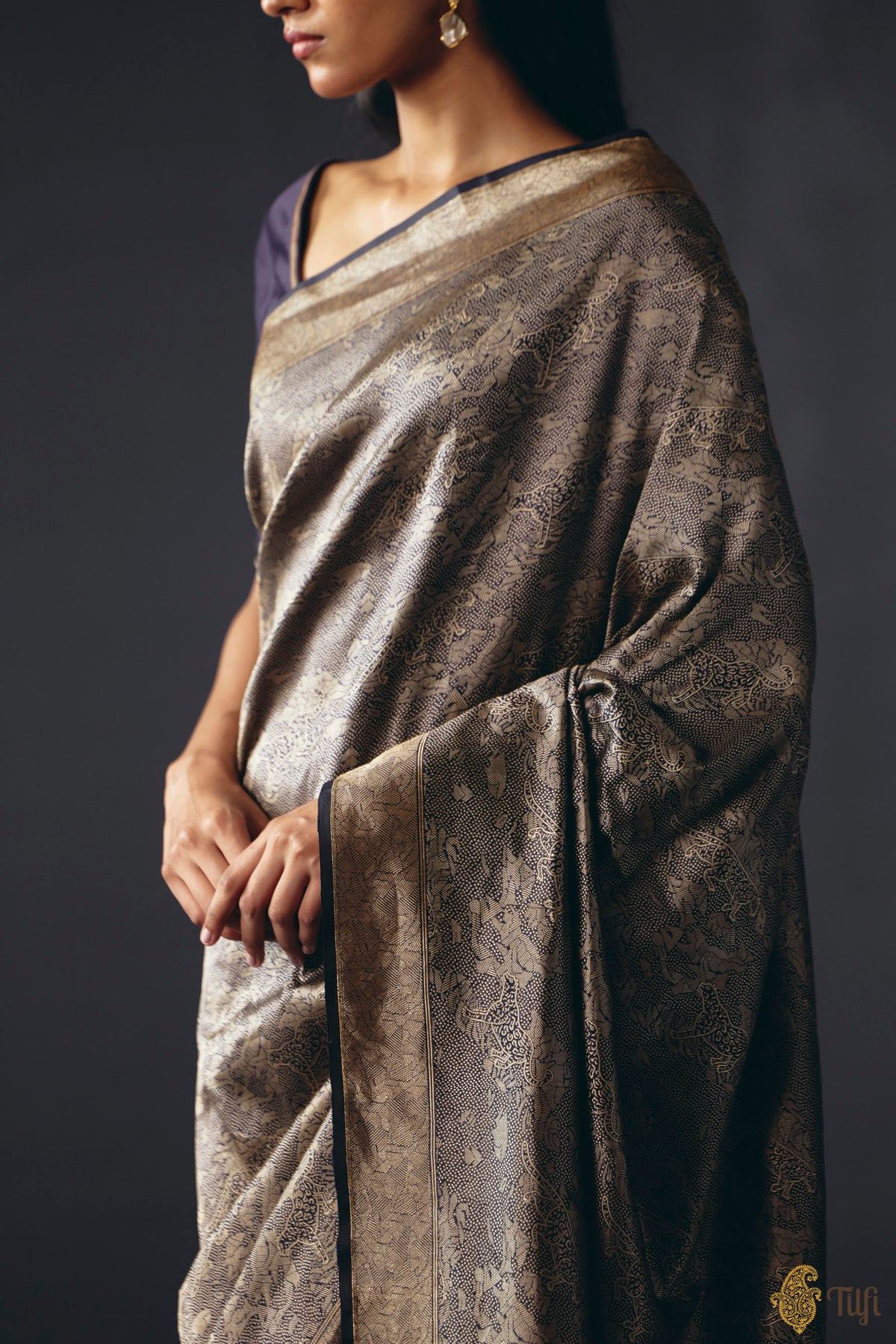 'Secrets of the Snow' Deep Blue Pure Katan Silk Banarasi Handloom Saree