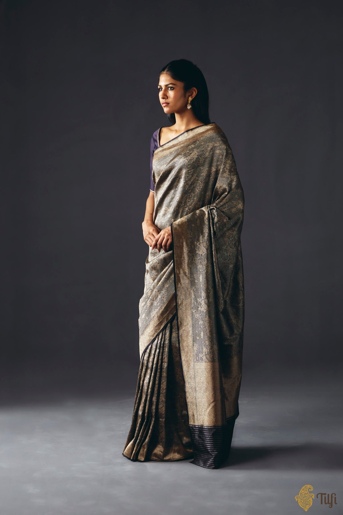 'Secrets of the Snow' Deep Blue Pure Katan Silk Banarasi Handloom Saree