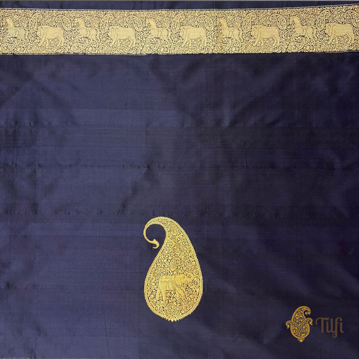 'Aranyika' Navy Blue Pure Katan Silk Banarasi Handloom Shikargah Saree