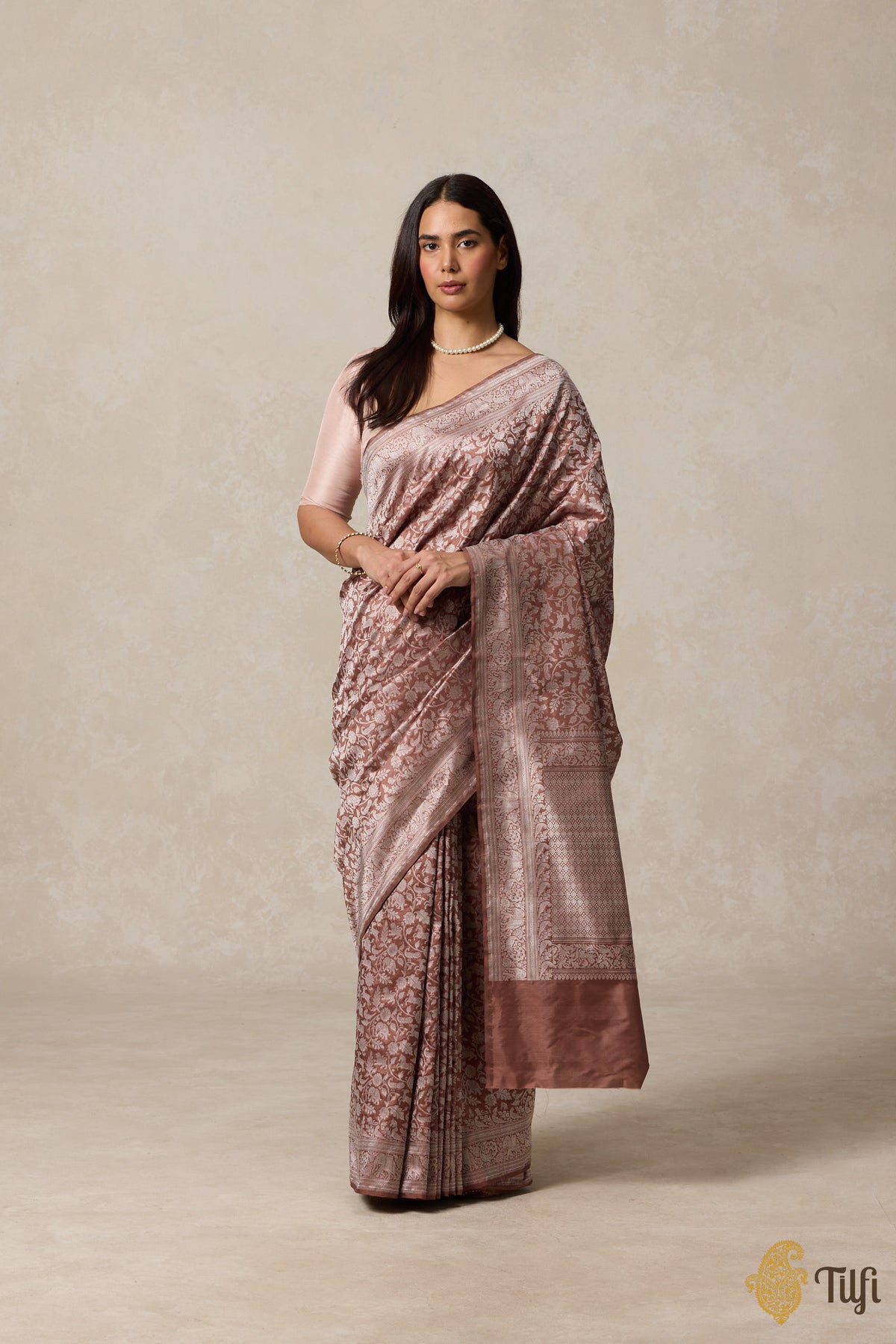 Brown Pure Katan Silk Banarasi Shikargah Handloom Saree