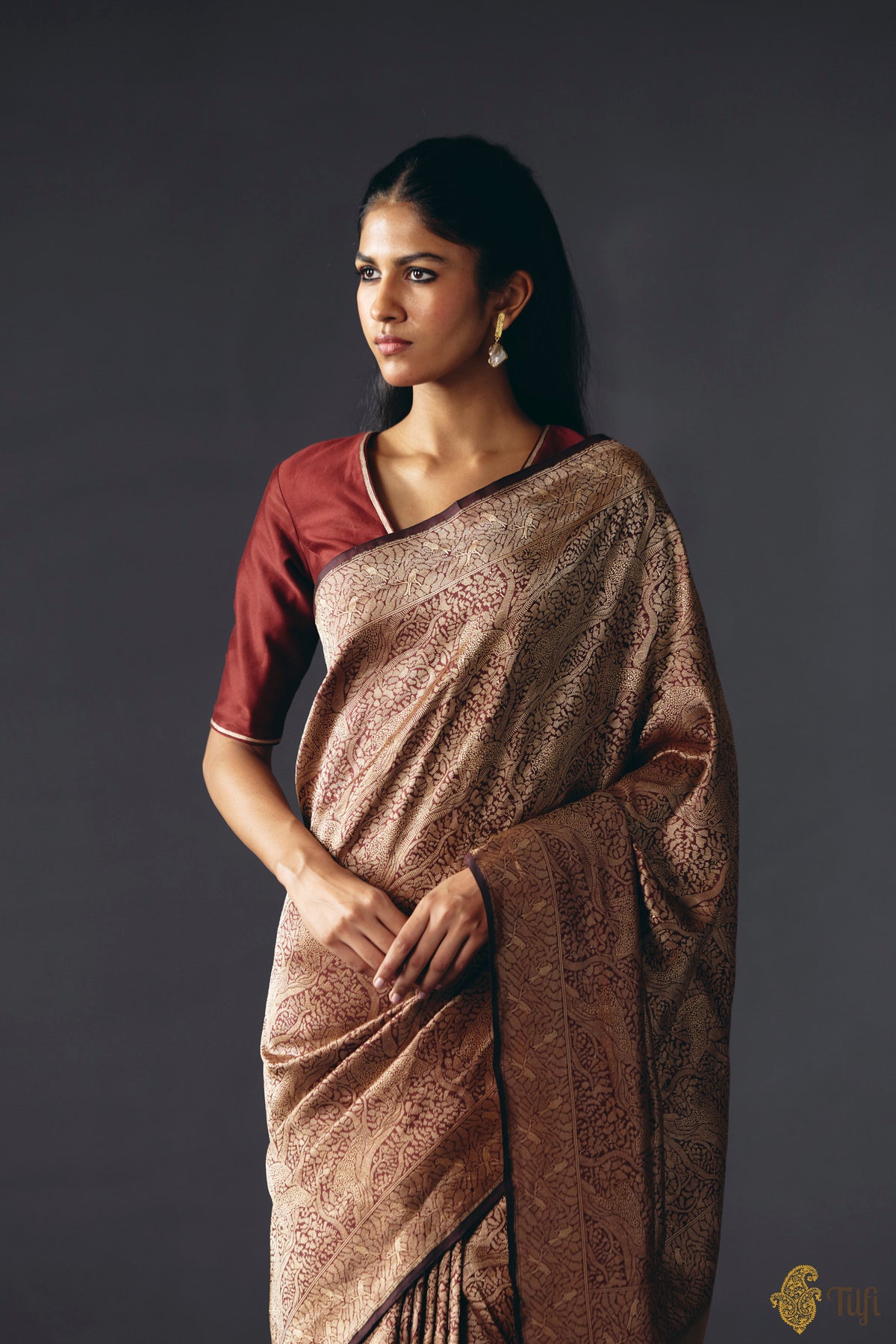 Pre-Order: 'Majestic Leap' Dark Brown Pure Katan Silk Banarasi Handloom Saree